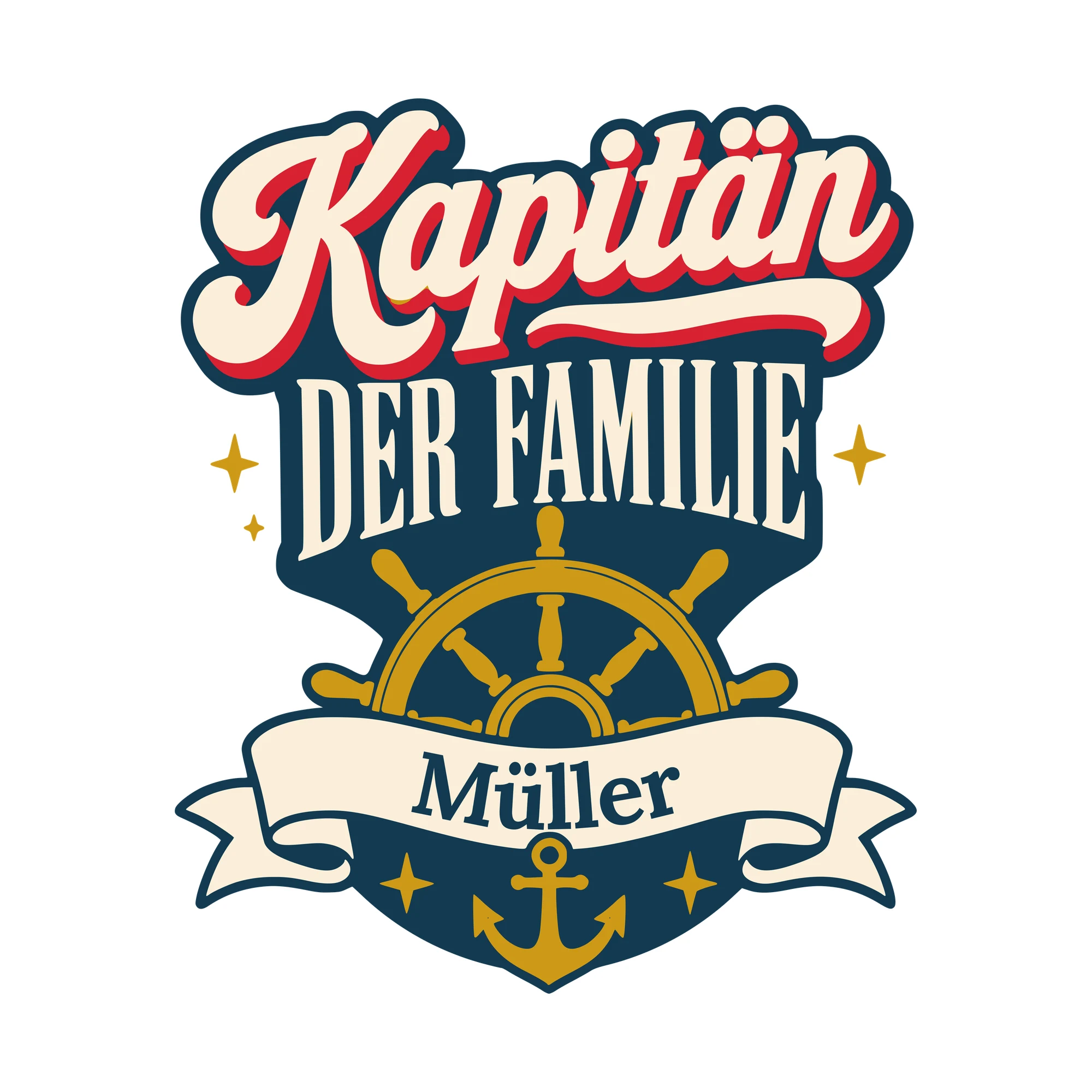 Bügelbild Kapitän der Familie mit Nachname als Grafik auf weißem Hintergrund (BB010558)