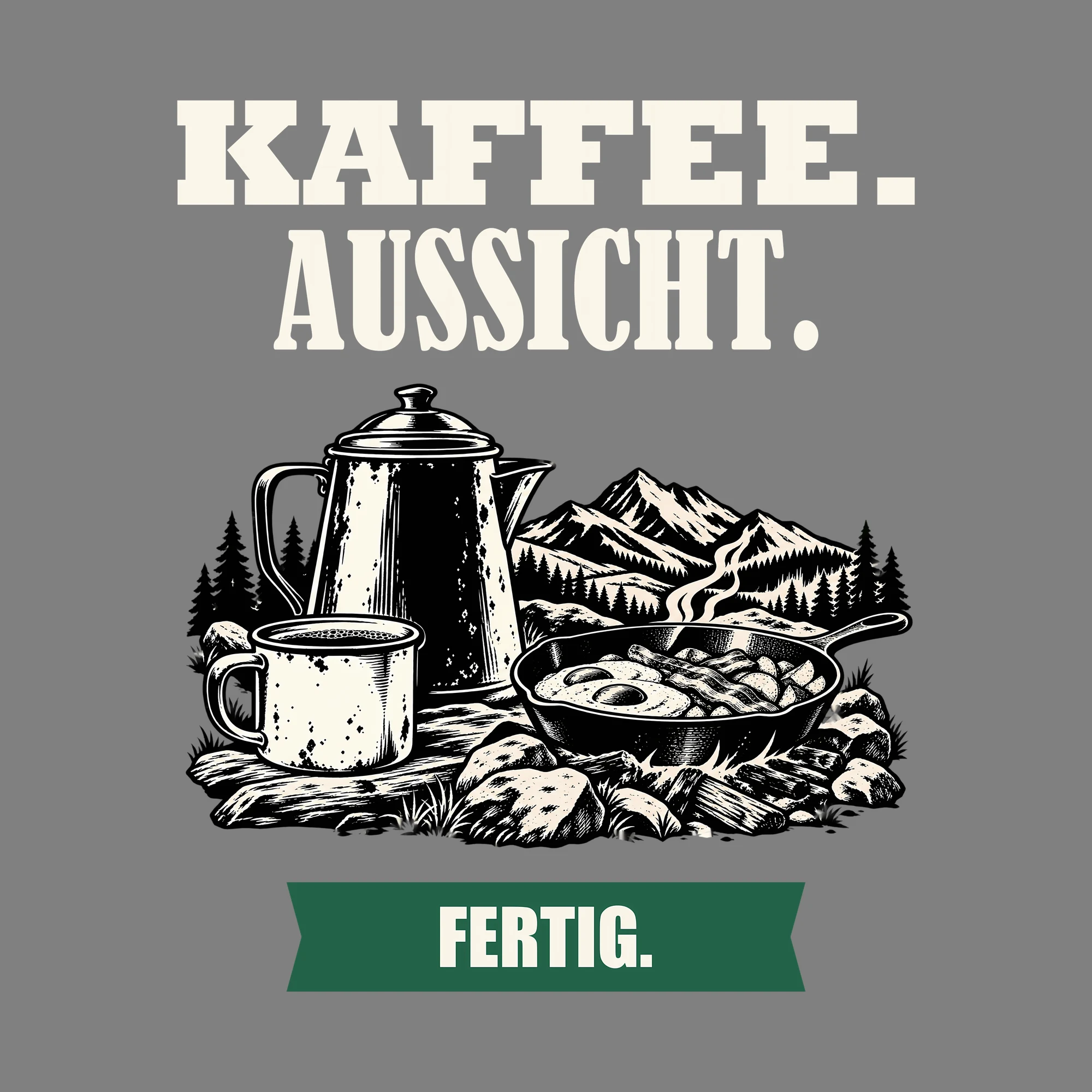 Bügelbild KAFFEE. AUSSICHT. FERTIG. als Grafik auf dunklem Hintergrund (BB012709)