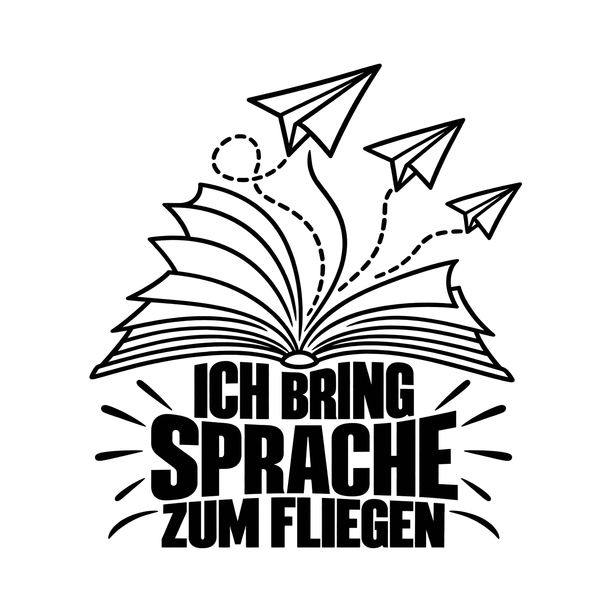 Bügelbild ICH BRING SPRACHE ZUM FLIEGEN als Grafik auf weißem Hintergrund (BB011636)