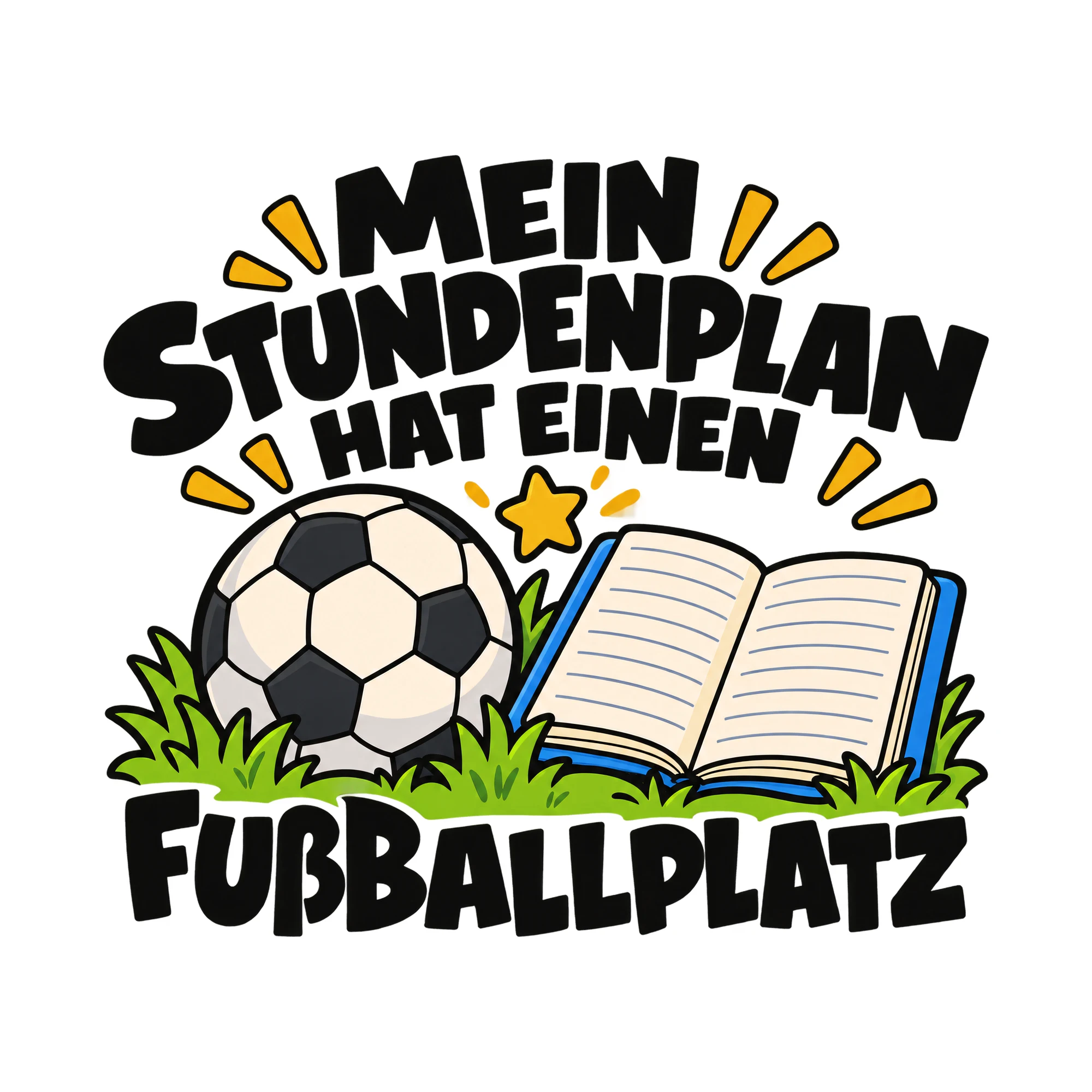 Bügelbild „Mein Stundenplan hat einen Fußballplatz“ als Grafik auf weißem Hintergrund (BB013797)
