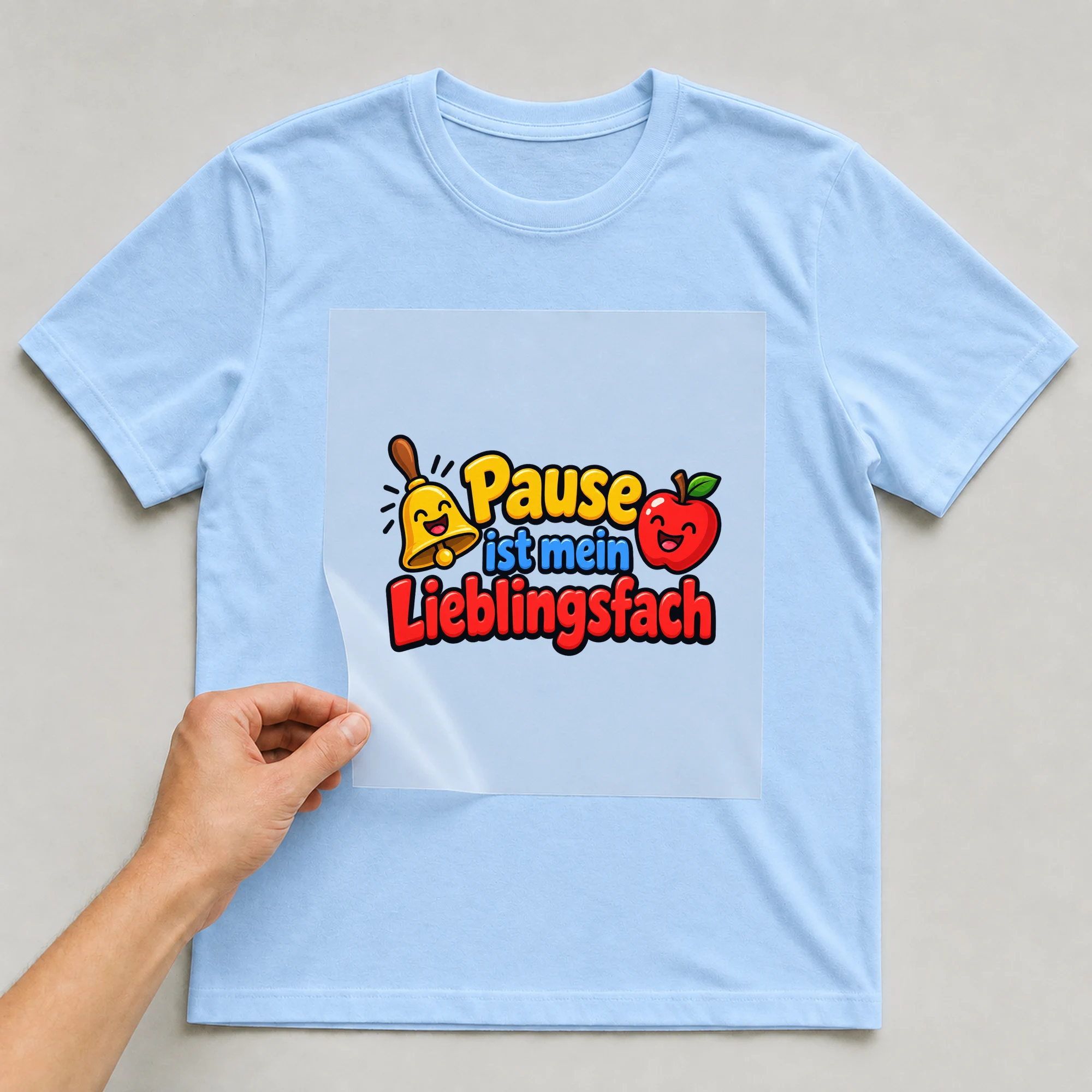 Bügelbild „Pause ist mein Lieblingsfach“ auf babyblauem T-Shirt, Folie wird aufgelegt