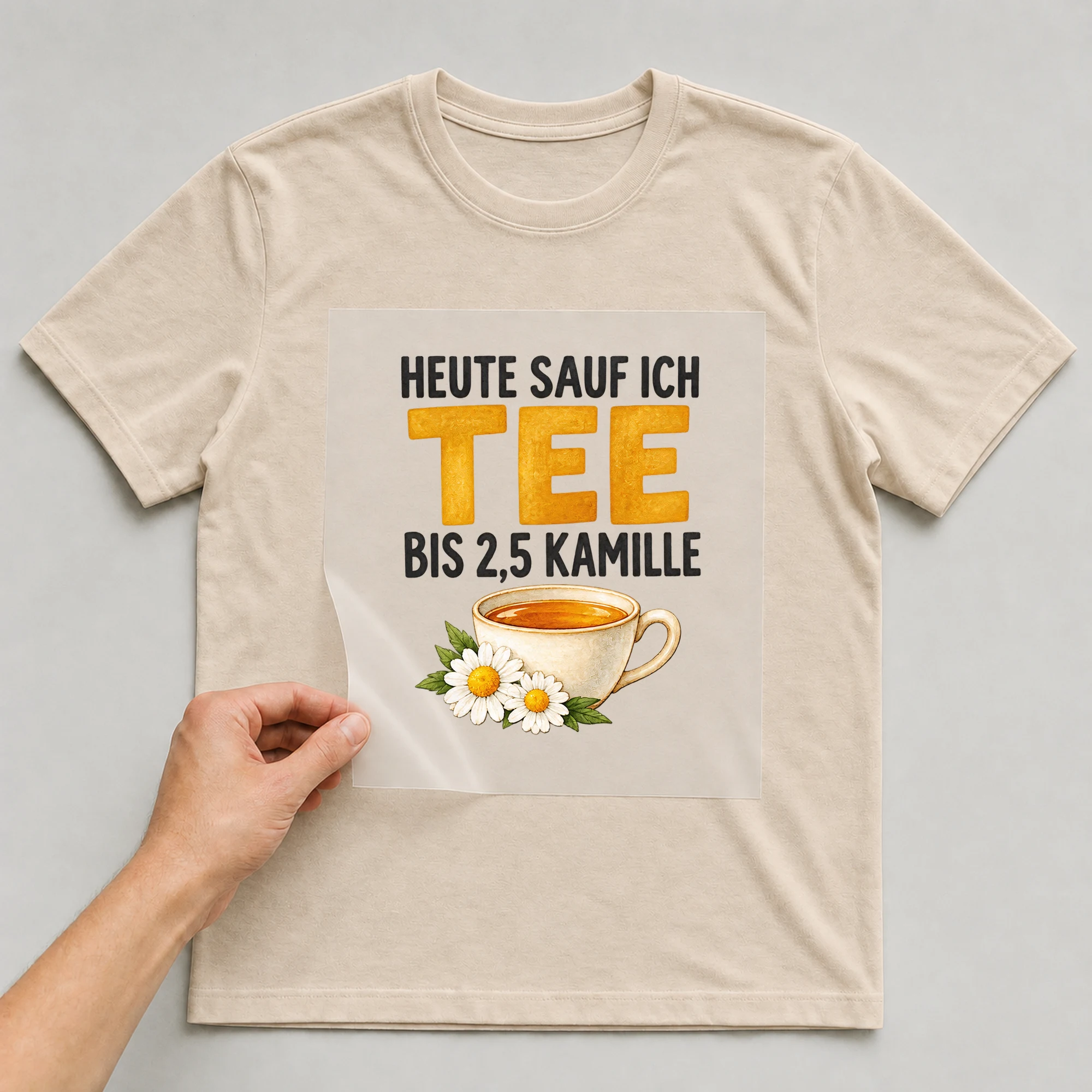 Bügelbild „Heute sauf ich Tee bis 2,5 Kamille“ auf babyblauem T-Shirt, Folie wird aufgelegt