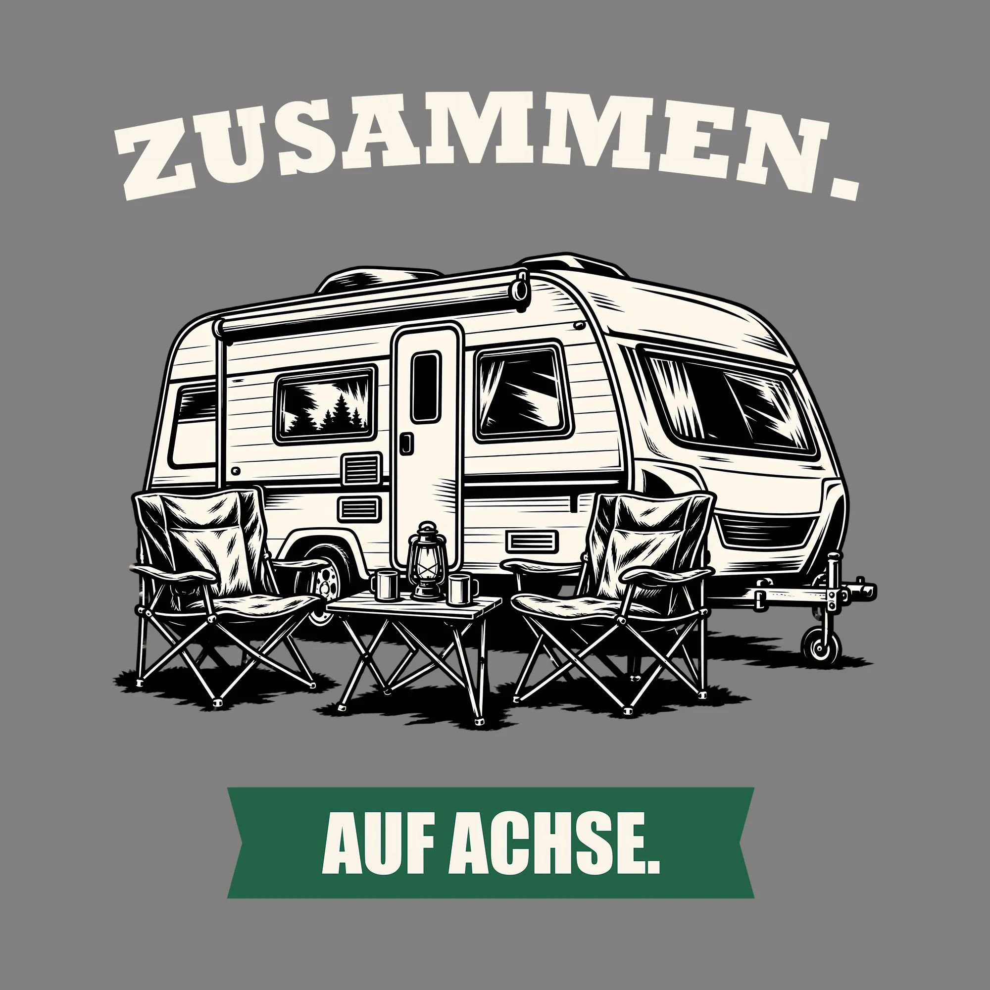 Bügelbild ZUSAMMEN. AUF ACHSE. als Grafik auf dunklem Hintergrund (BB012706)