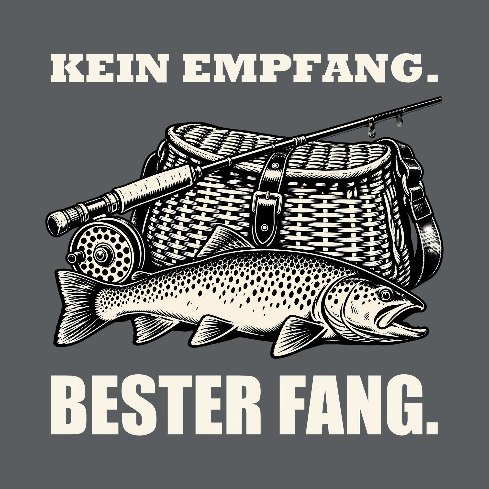 Bügelbild KEIN EMPFANG. BESTER FANG. als Grafik auf dunklem Hintergrund (BB012774)