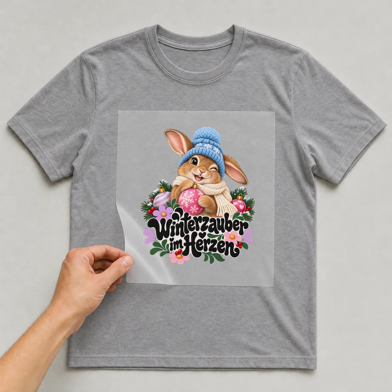 Bügelbild „Winterzauber im Herzen“ auf grauem T-Shirt, Folie wird aufgelegt