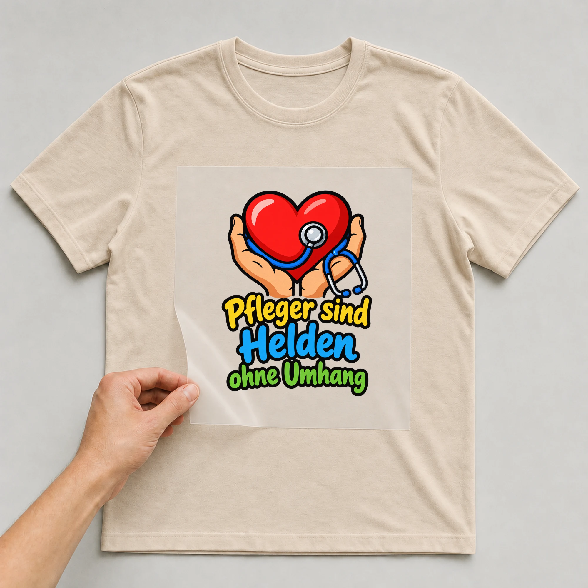 Bügelbild „Pfleger sind Helden ohne Umhang“ auf beigem T-Shirt, Folie wird aufgelegt