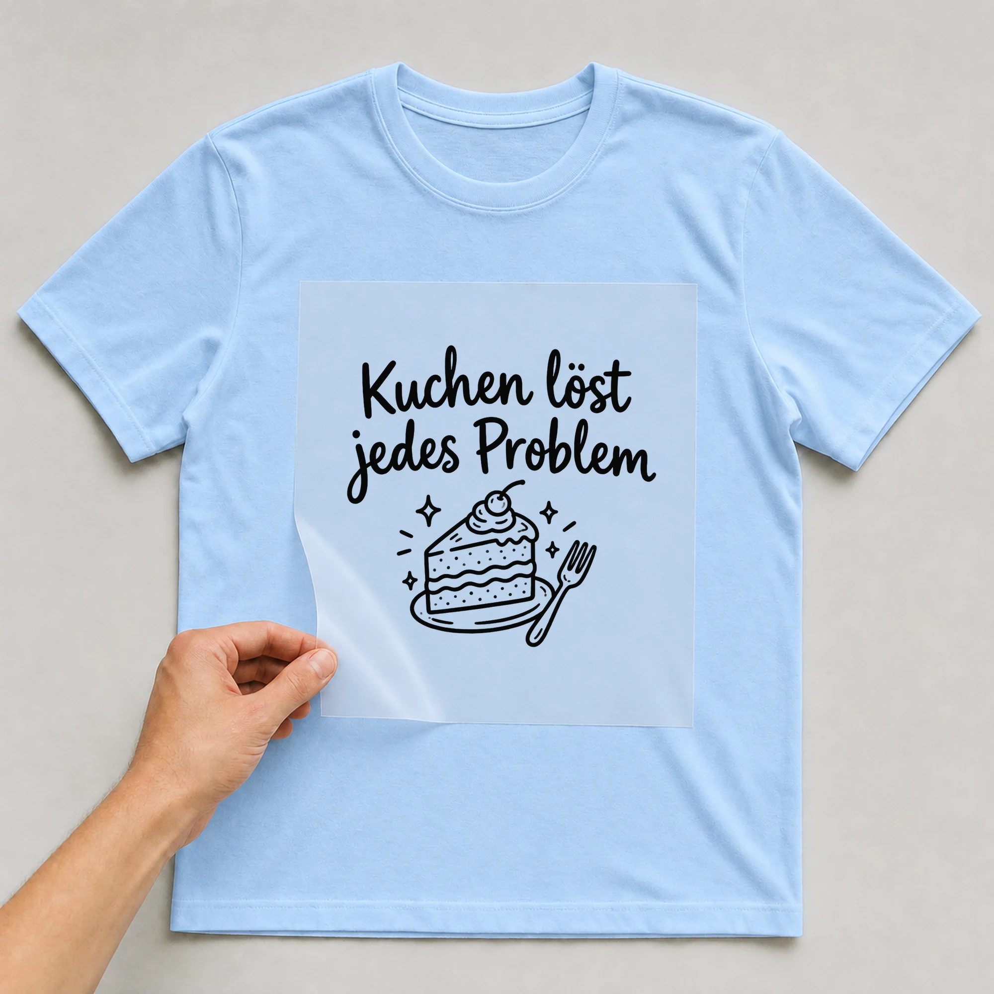 Bügelbild „Kuchen löst jedes Problem“ auf babyblauem T-Shirt, Folie wird aufgelegt