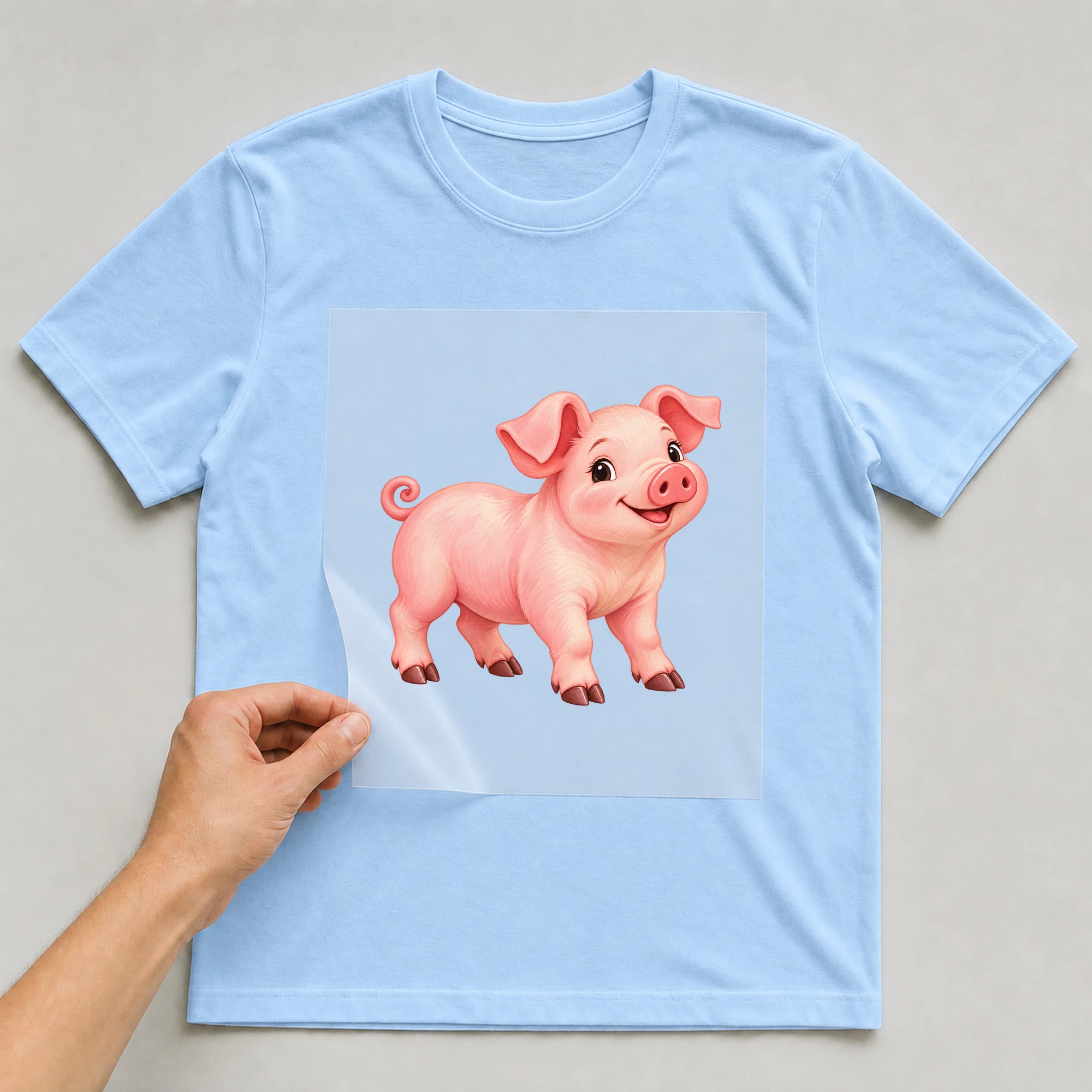 Bügelbild „Chinese Zodiac Year Of The Pig“ auf babyblauem T-Shirt, Folie wird aufgelegt