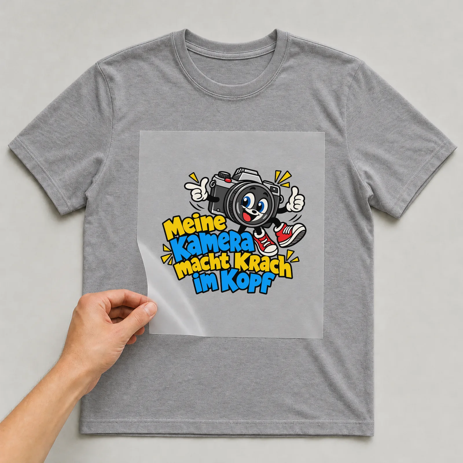 Bügelbild „Meine Kamera macht Krach im Kopf“ auf grauem T-Shirt, Folie wird aufgelegt