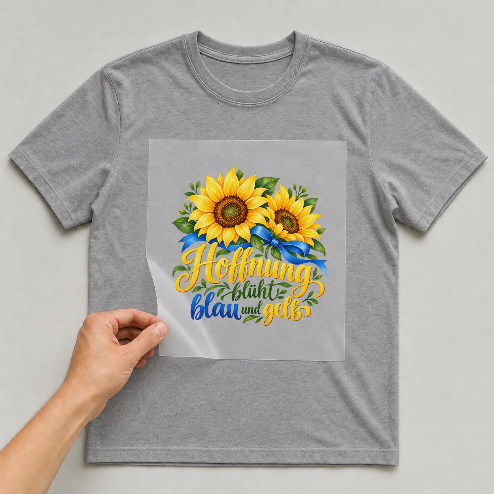 Bügelbild „Hoffnung blüht blau und gelb“ auf grauem T-Shirt, Folie wird aufgelegt