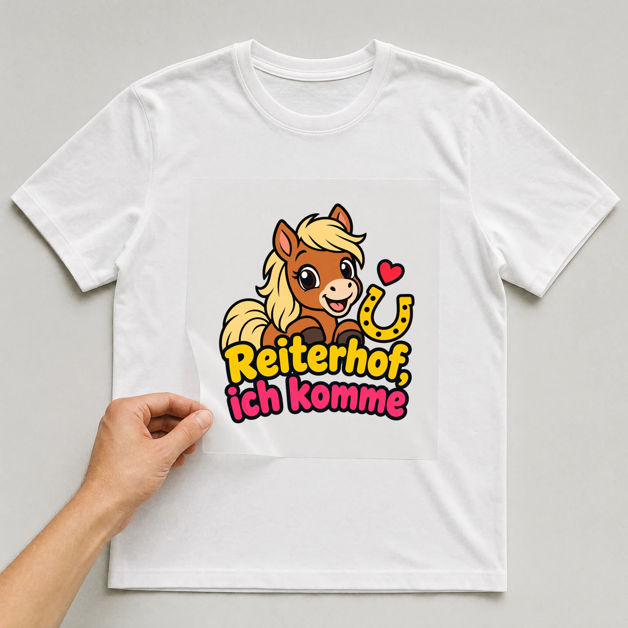 Bügelbild „Reiterhof, ich komme“ auf weißem T-Shirt, Folie wird aufgelegt