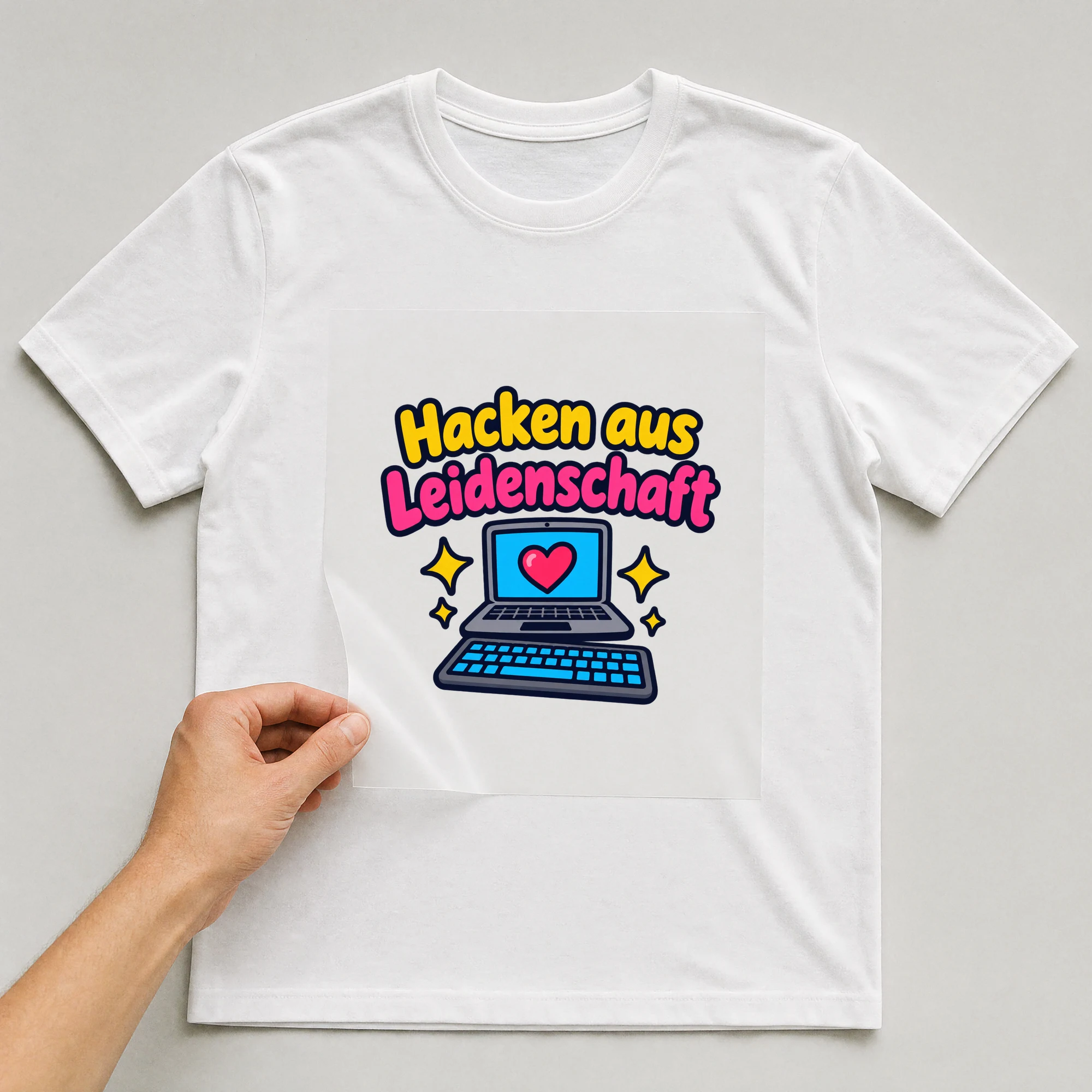 Bügelbild „Hacken aus Leidenschaft“ auf weißem T-Shirt, Folie wird aufgelegt