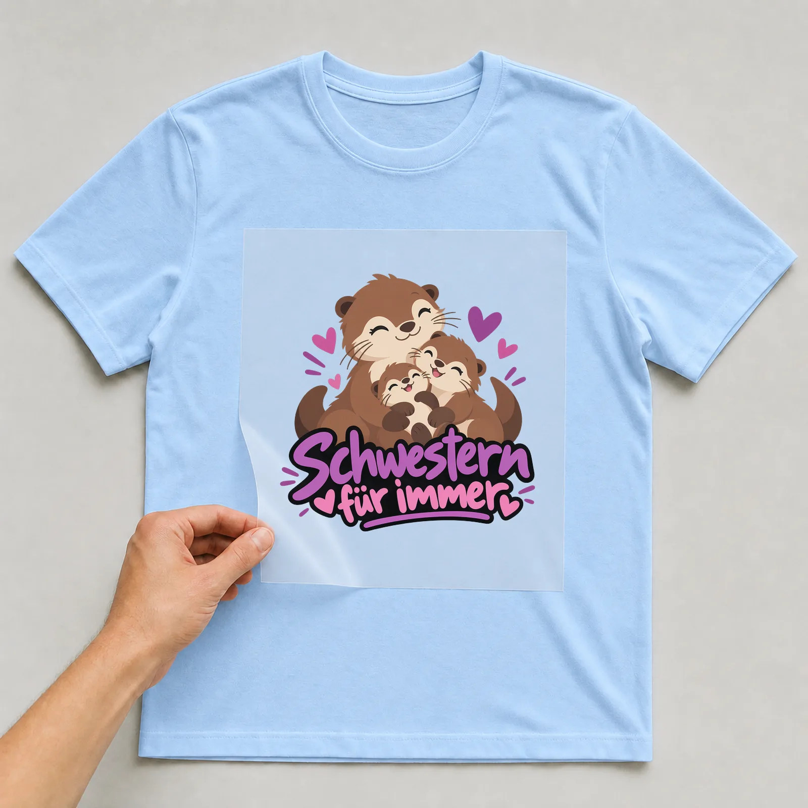 Bügelbild „Schwestern für immer“ auf hellblauem T-Shirt, Folie wird aufgelegt