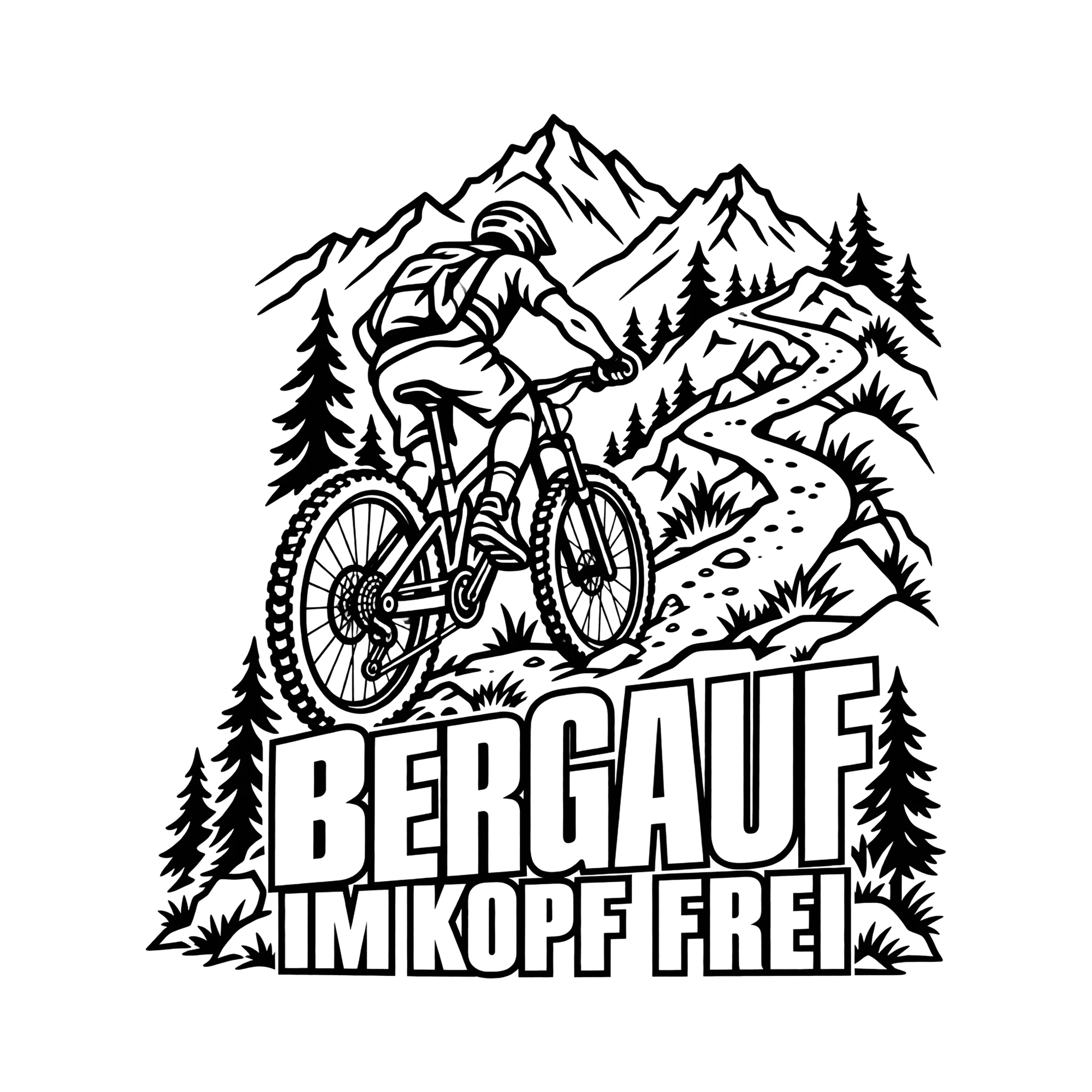 Bügelbild BERGAUF IM KOPF FREI als Grafik auf weißem Hintergrund (BB013235)