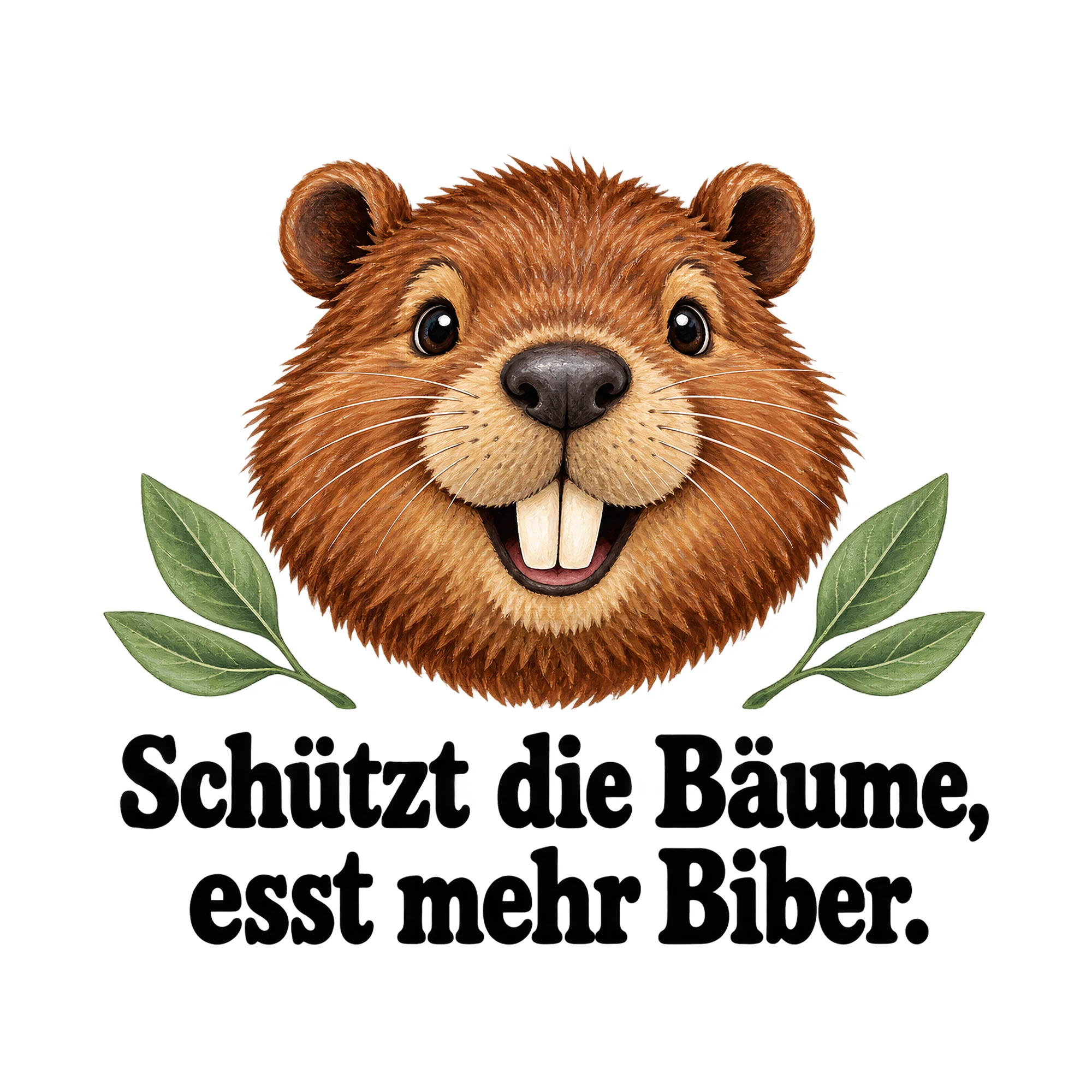 Bügelbild Schützt die Bäume, esst mehr Biber., Tiere Shirt Spruch als Grafik auf weißem Hintergrund (BB016185)