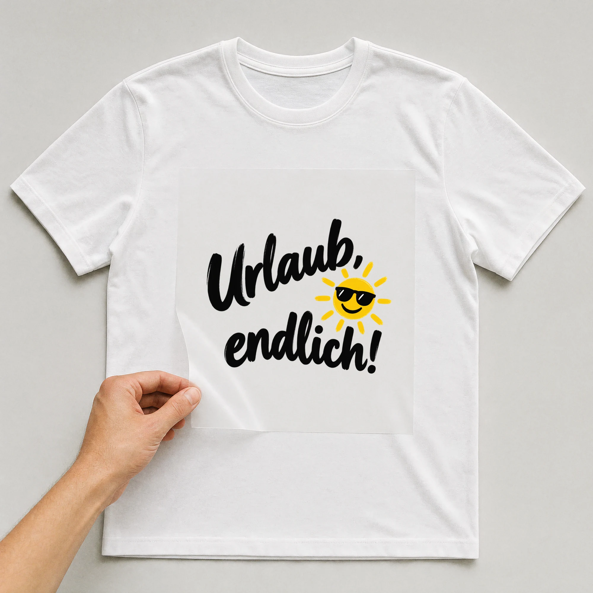 Bügelbild „Urlaub, endlich!“ auf weißem T-Shirt, Folie wird aufgelegt