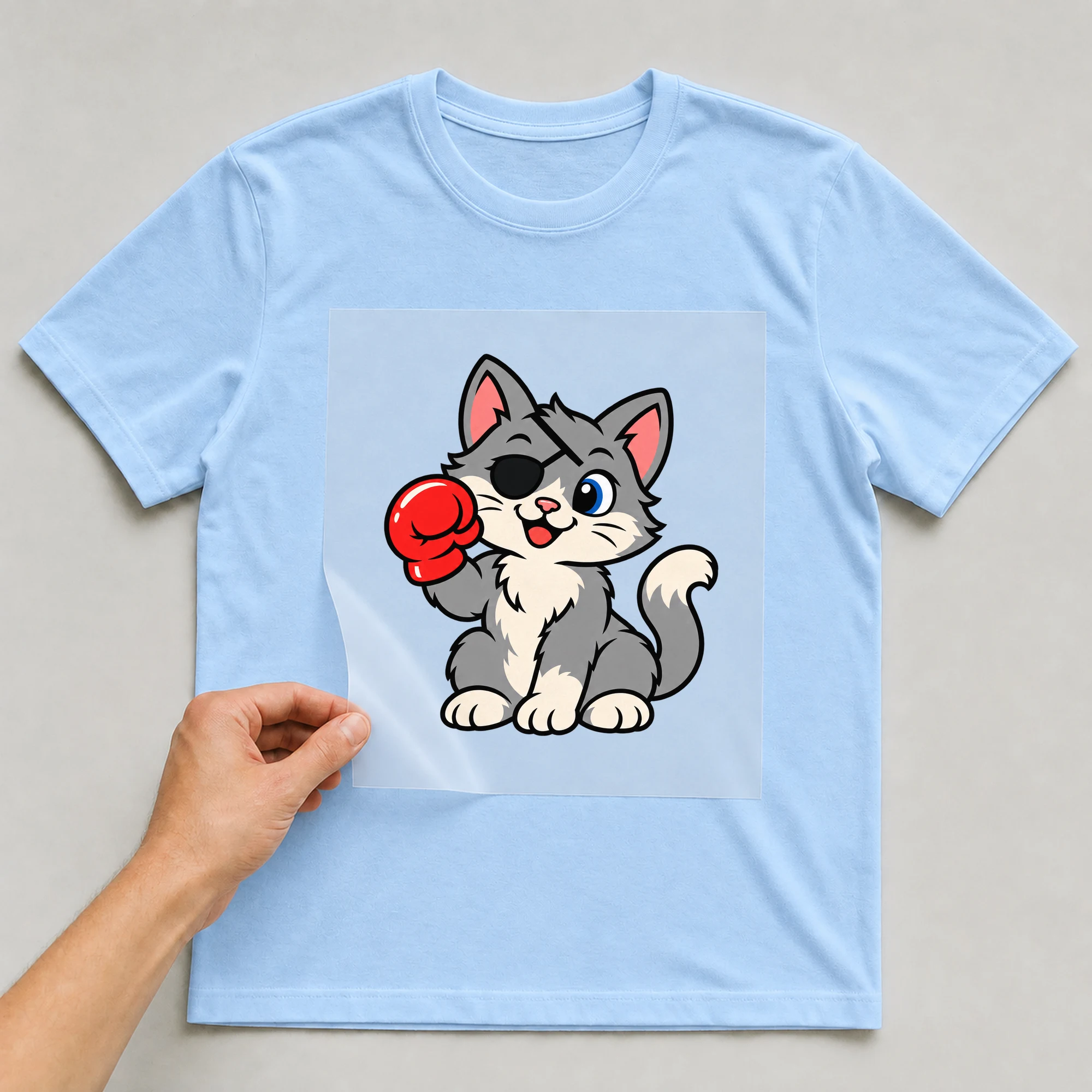 Bügelbild „Unlucky Cat“ auf babyblauem T-Shirt, Folie wird aufgelegt