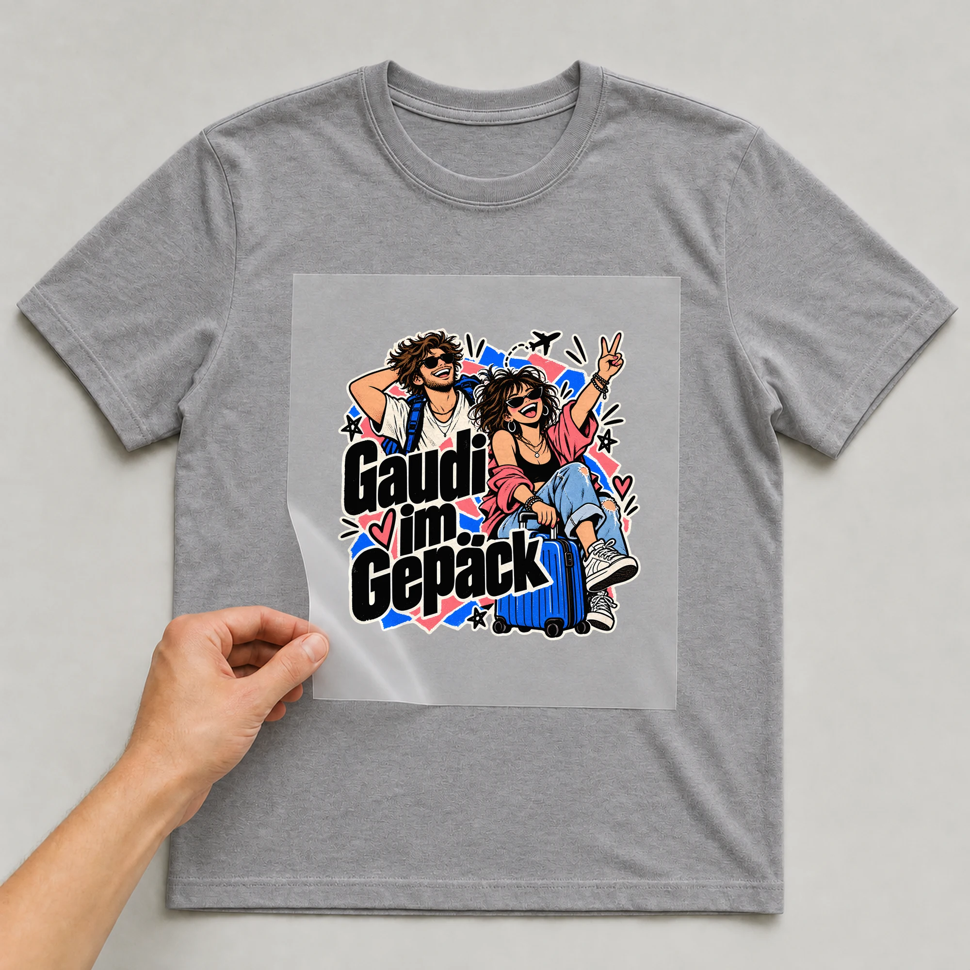 Bügelbild „Gaudi im Gepäck“ auf grauem T-Shirt, Folie wird aufgelegt