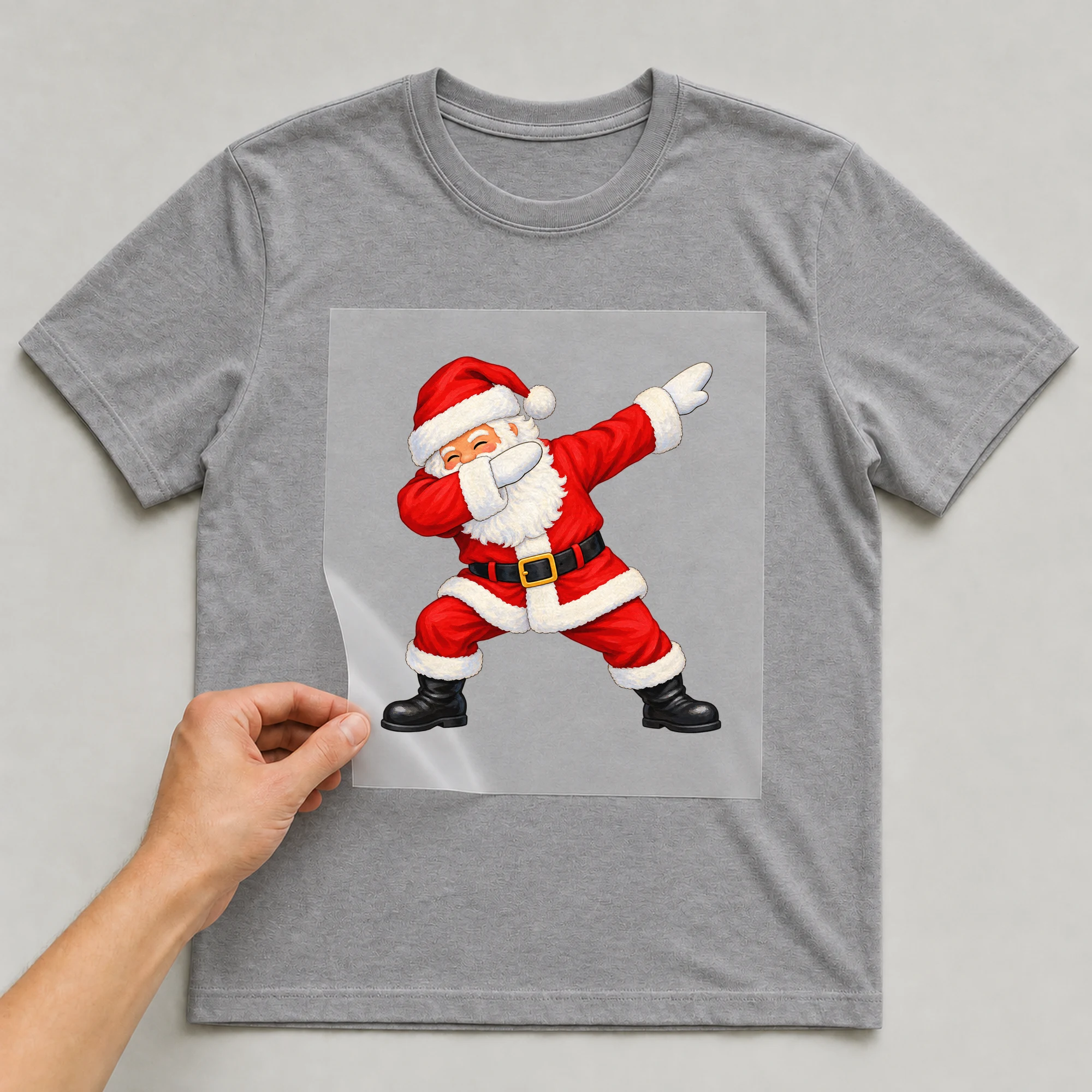 Bügelbild „Dabbing Weihnachtsmann“ auf grauem T-Shirt, Folie wird aufgelegt