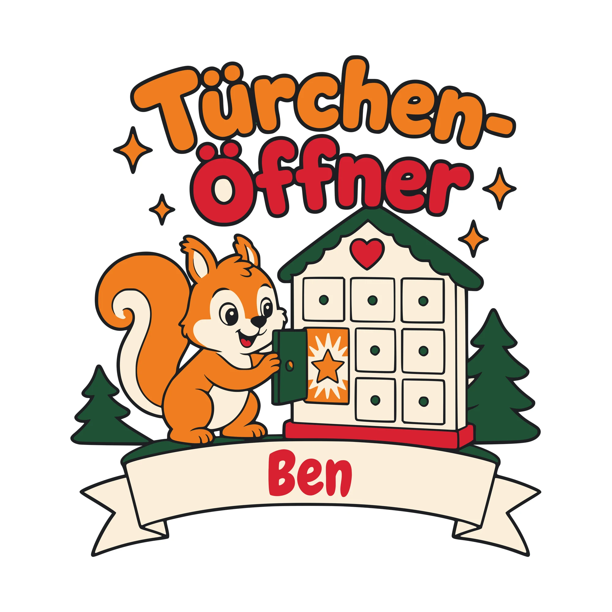 Bügelbild Türchen-Öffner mit Name als Grafik auf weißem Hintergrund (BB010496)