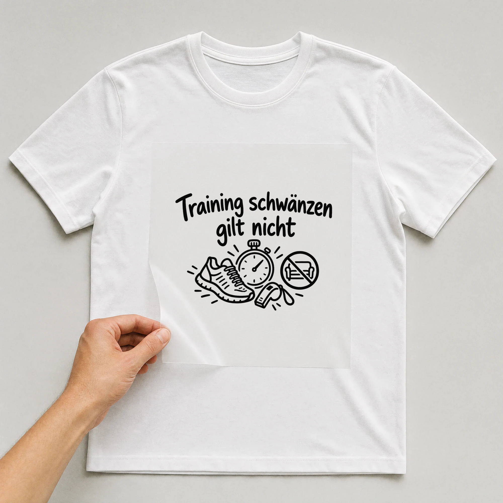 Bügelbild „Training schwänzen gilt nicht“ auf weißem T-Shirt, Folie wird aufgelegt