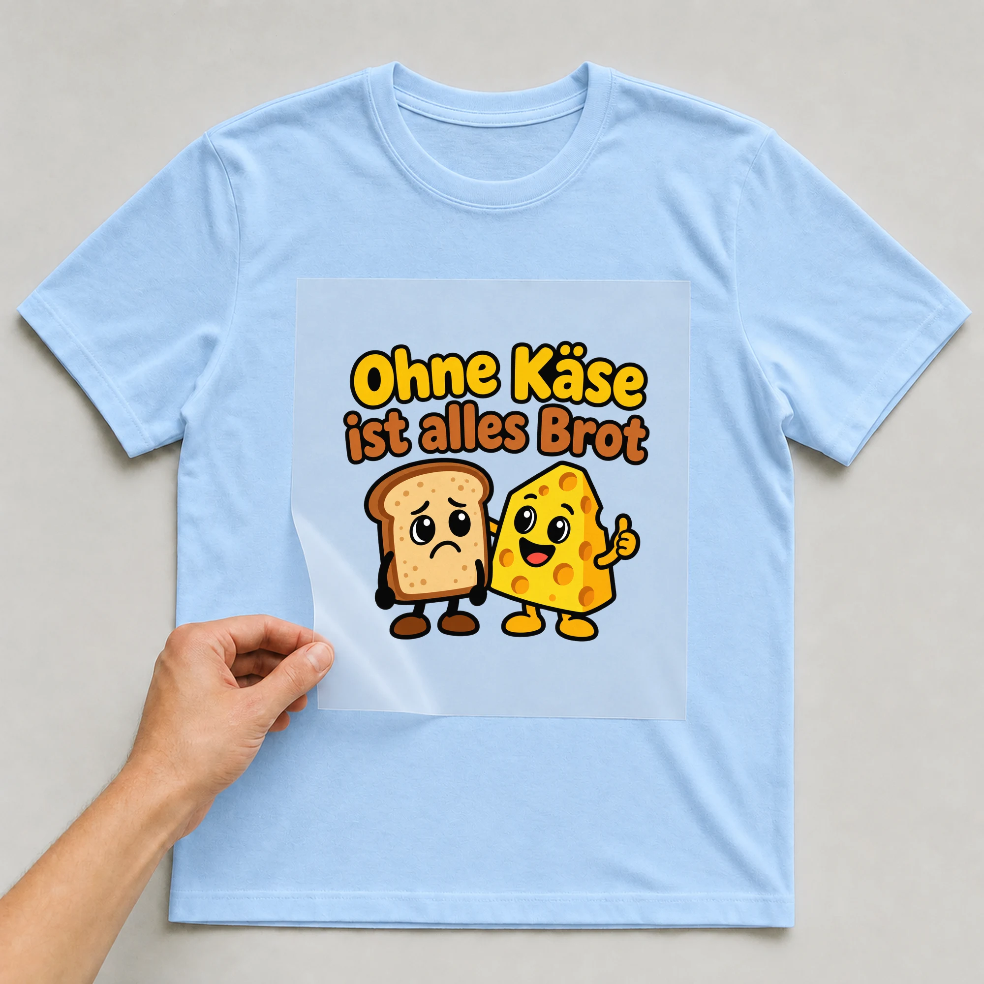 Bügelbild „Ohne Käse ist alles Brot“ auf babyblauem T-Shirt, Folie wird aufgelegt