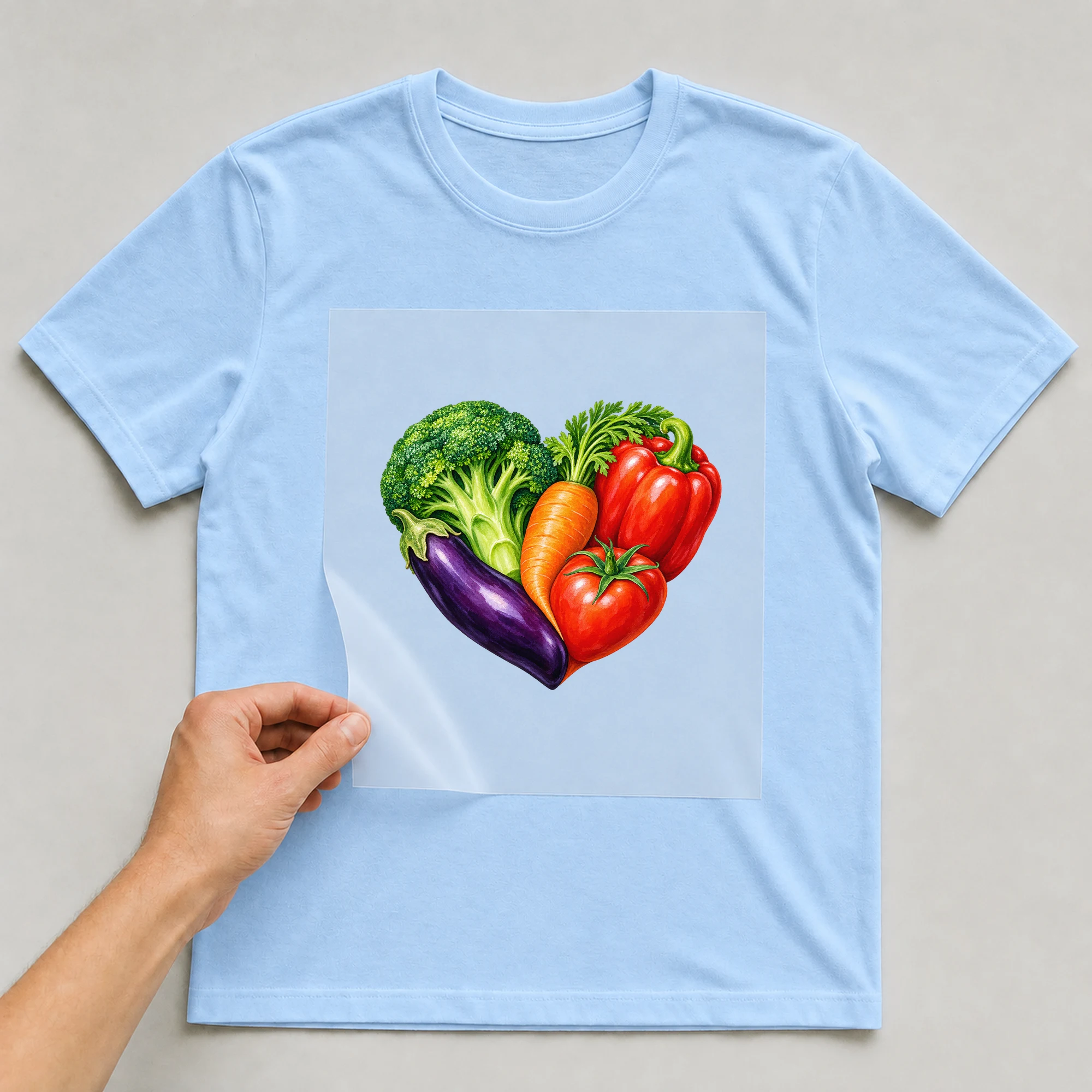 Bügelbild „Vegetarisches Herz“ auf babyblauem T-Shirt, Folie wird aufgelegt