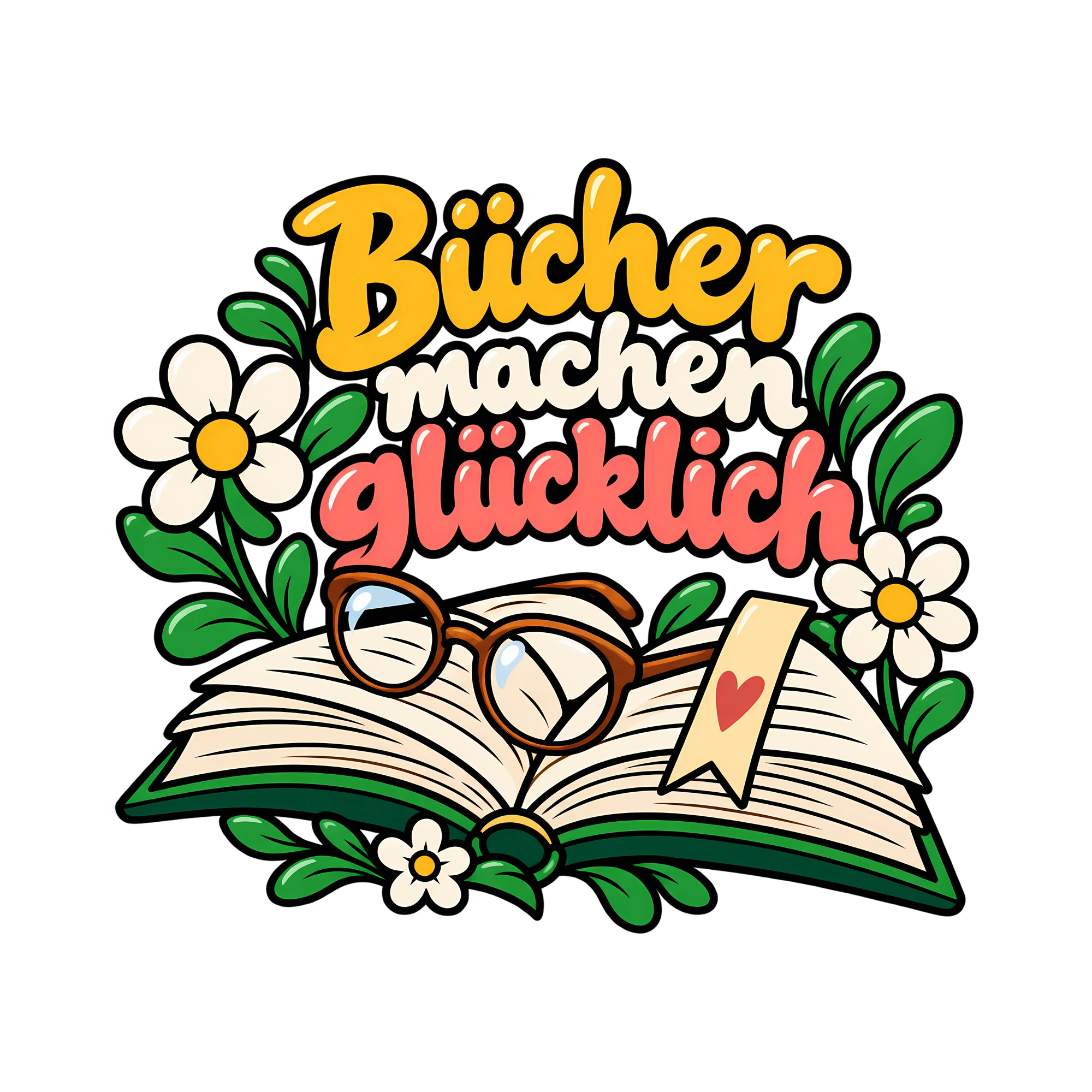 Bügelbild Bücher machen glücklich als Grafik auf weißem Hintergrund (BB012837)