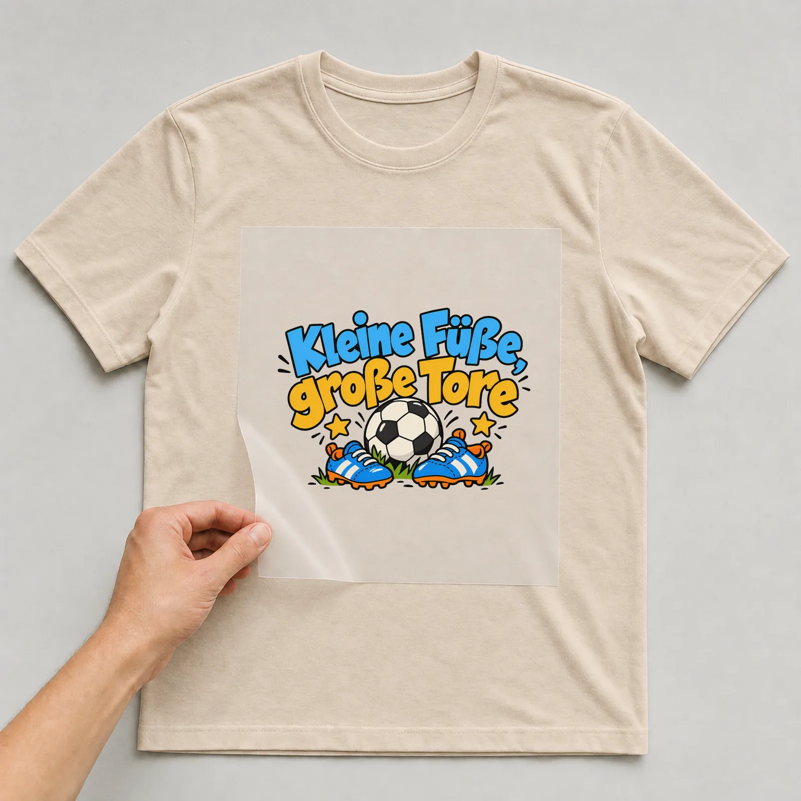Bügelbild „Kleine Füße, große Tore“ auf beigem T-Shirt, Folie wird aufgelegt