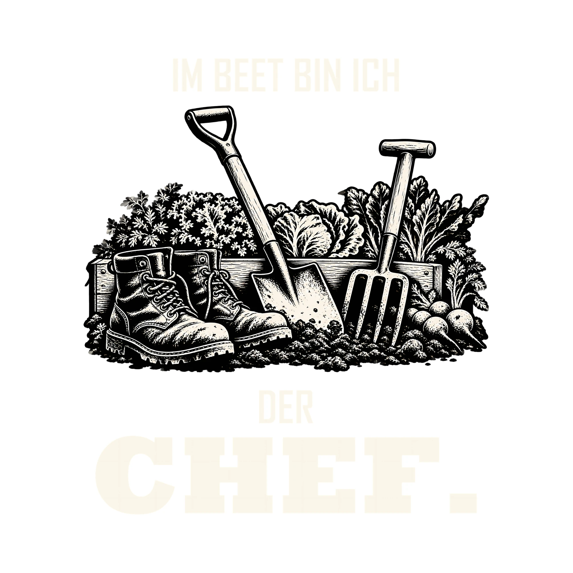 Bügelbild IM BEET BIN ICH DER CHEF. als Grafik auf weißem Hintergrund (BB013179)