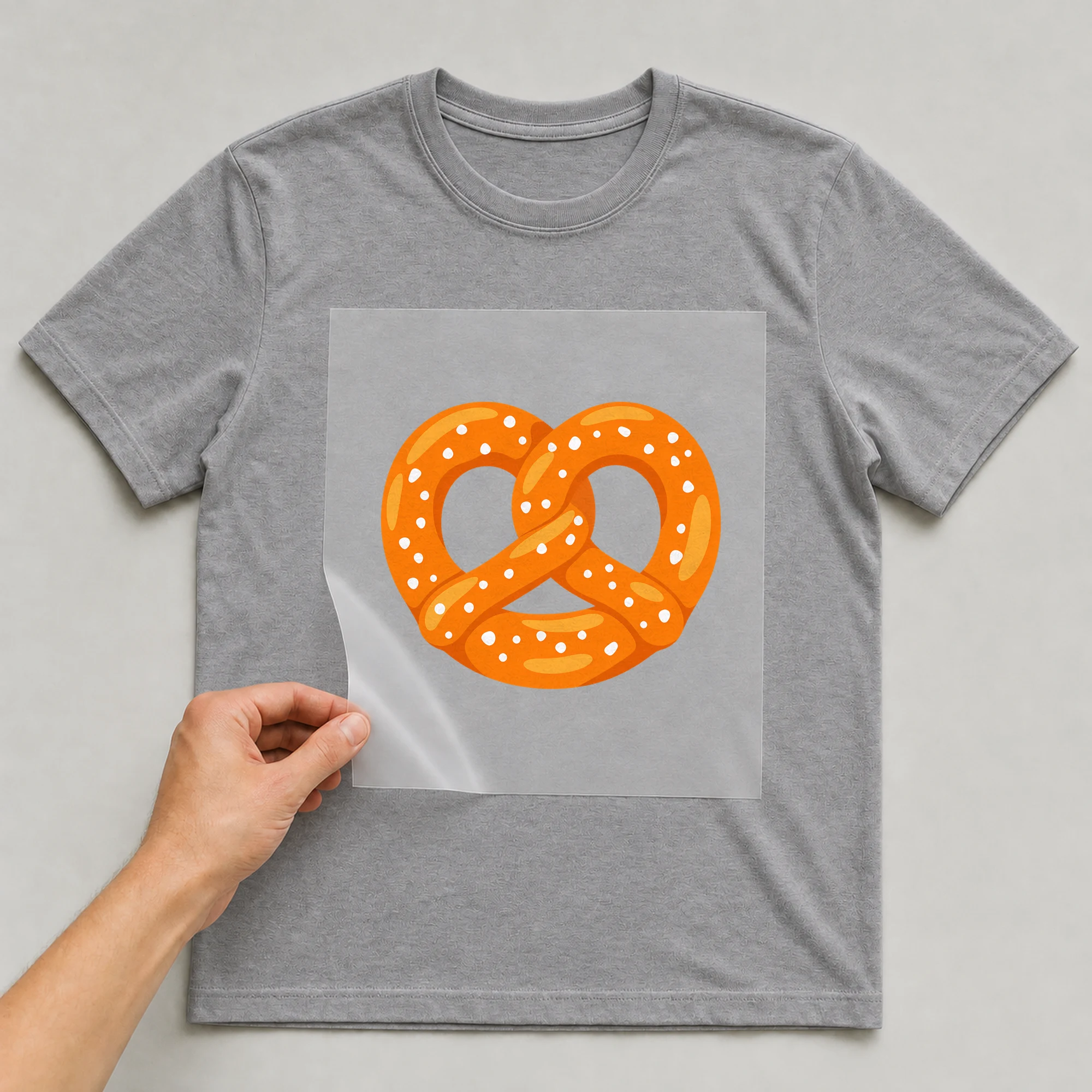 Bügelbild „Brezel mit Salz“ auf grauem T-Shirt, Folie wird aufgelegt