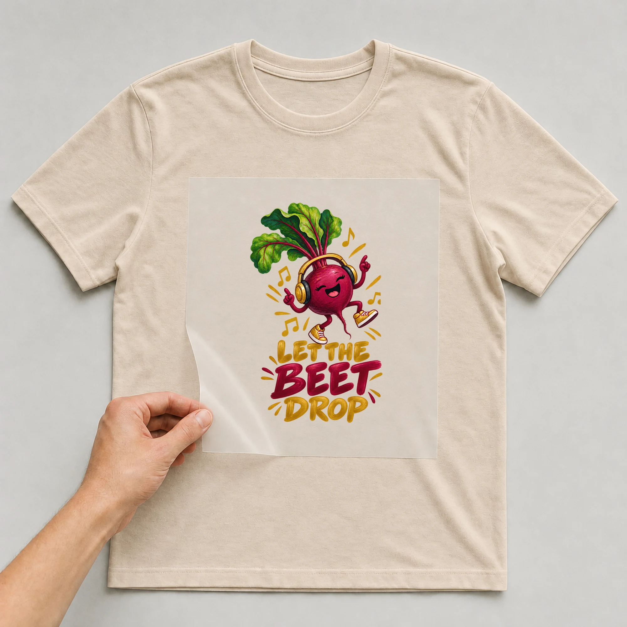 Bügelbild „Let The Beet Drop“ auf beigem T-Shirt, Folie wird aufgelegt