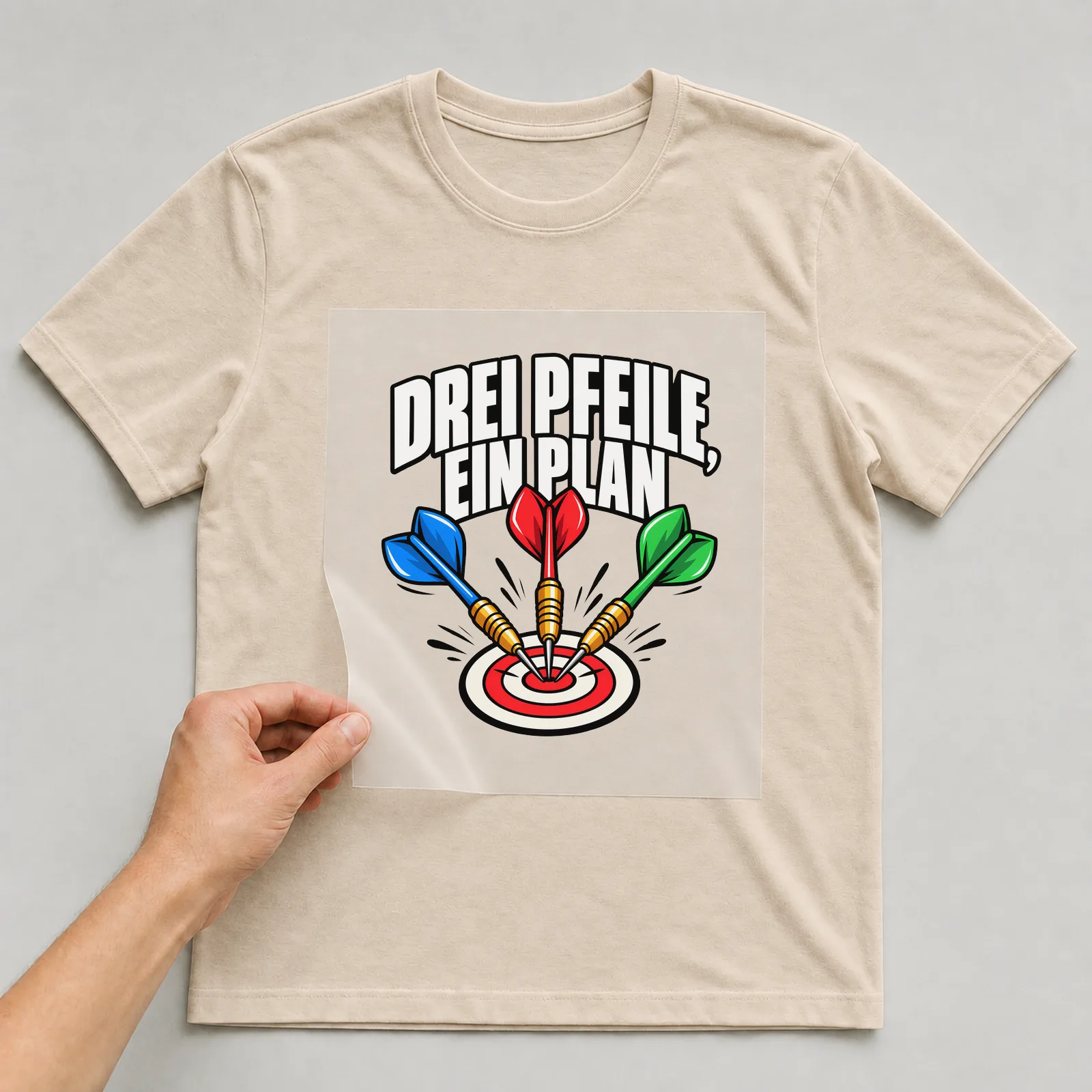Bügelbild „Drei Pfeile, ein Plan“ auf beigem T-Shirt, Folie wird aufgelegt