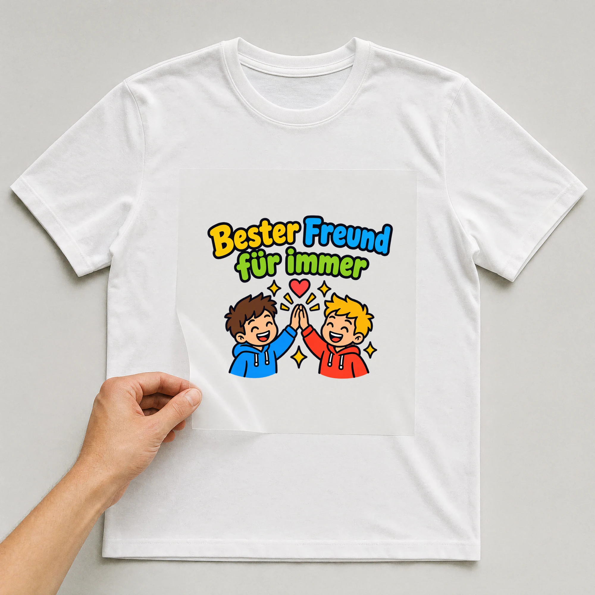 Bügelbild „Bester Freund für immer“ auf weißem T-Shirt, Folie wird aufgelegt