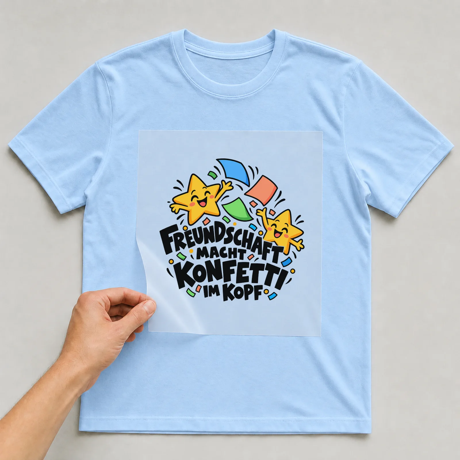 Bügelbild „Freundschaft macht Konfetti im Kopf“ auf hellblauem T-Shirt, Folie wird aufgelegt