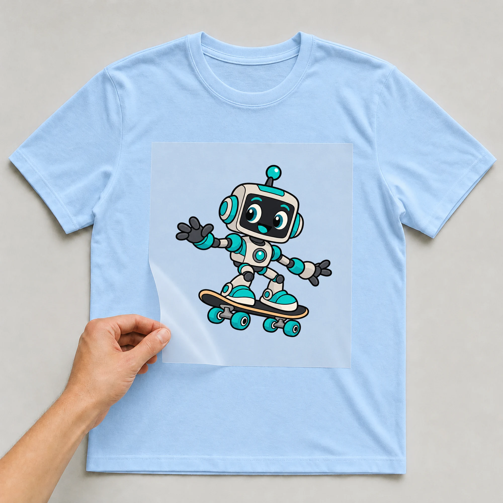 Bügelbild „Robot Skater“ auf babyblauem T-Shirt, Folie wird aufgelegt