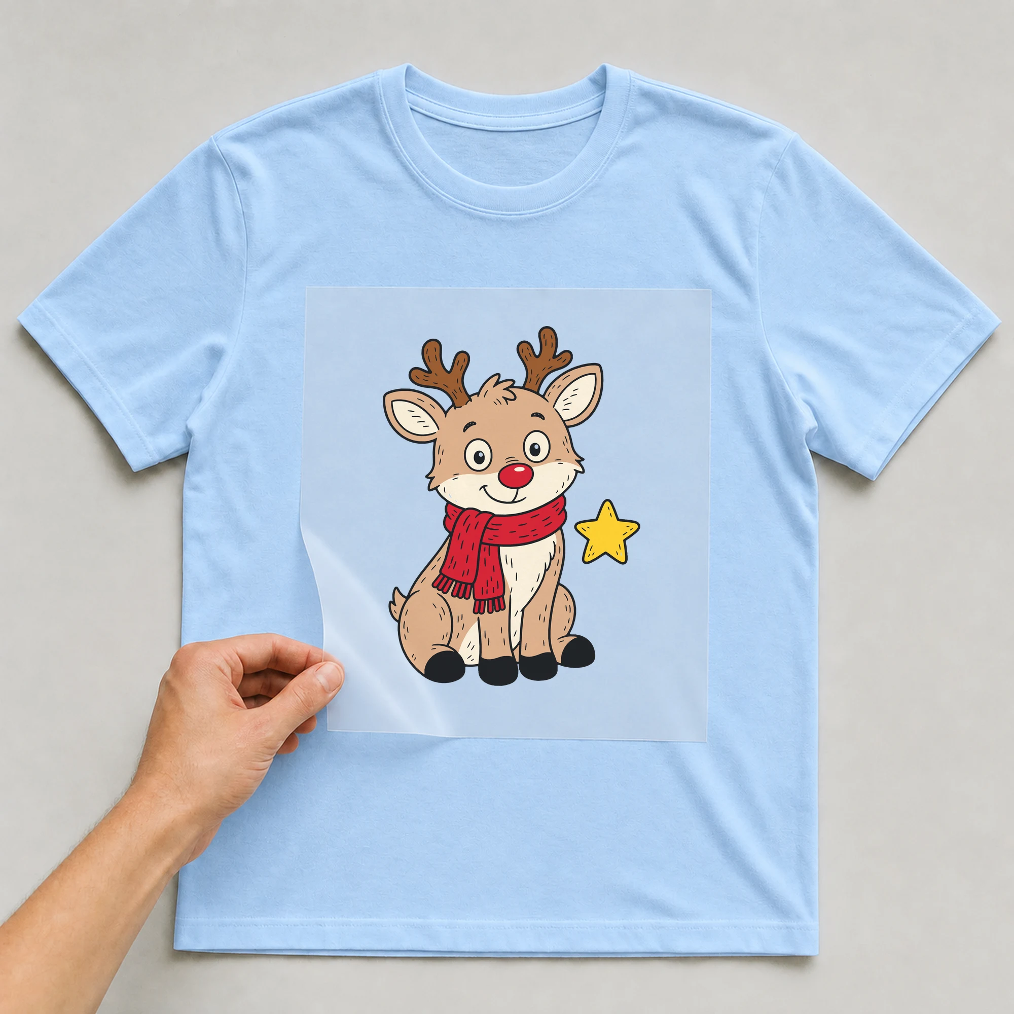 Bügelbild „Rentier mit Schal“ auf babyblauem T-Shirt, Folie wird aufgelegt