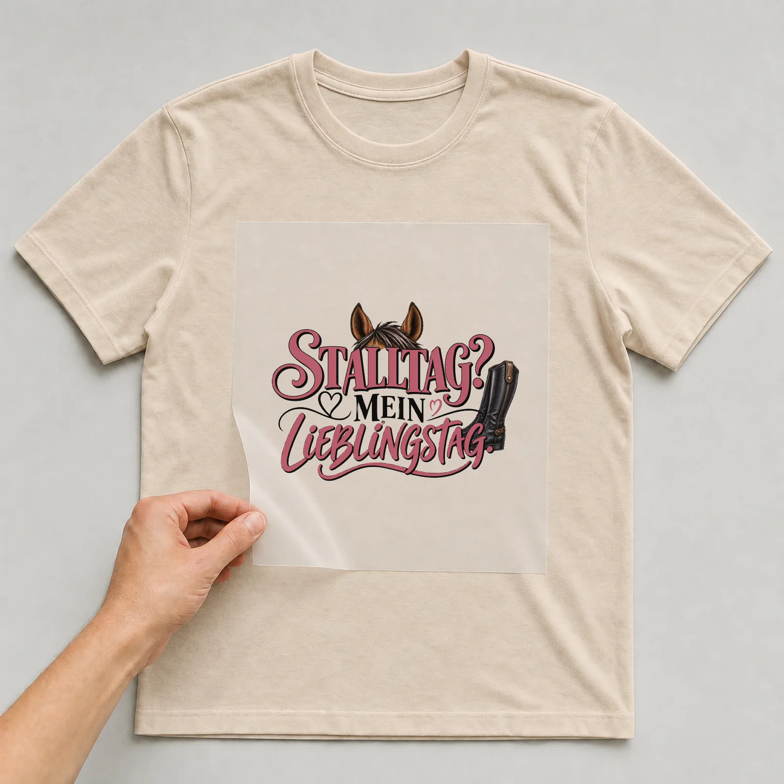Bügelbild „Stalltag? Mein Lieblingstag.“ auf beigem T-Shirt, Folie wird aufgelegt