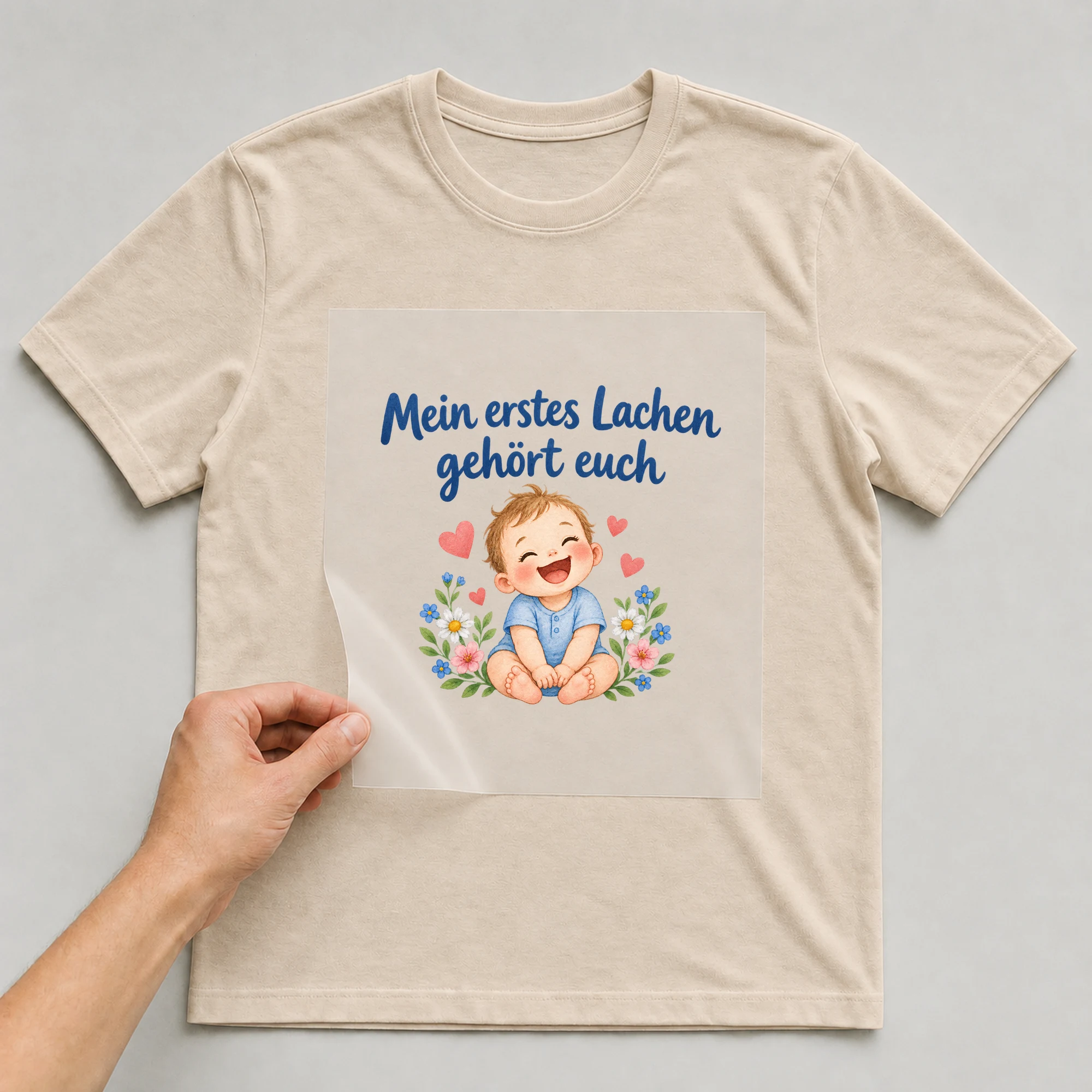 Bügelbild „Mein erstes Lachen gehört euch“ auf beigem T-Shirt, Folie wird aufgelegt