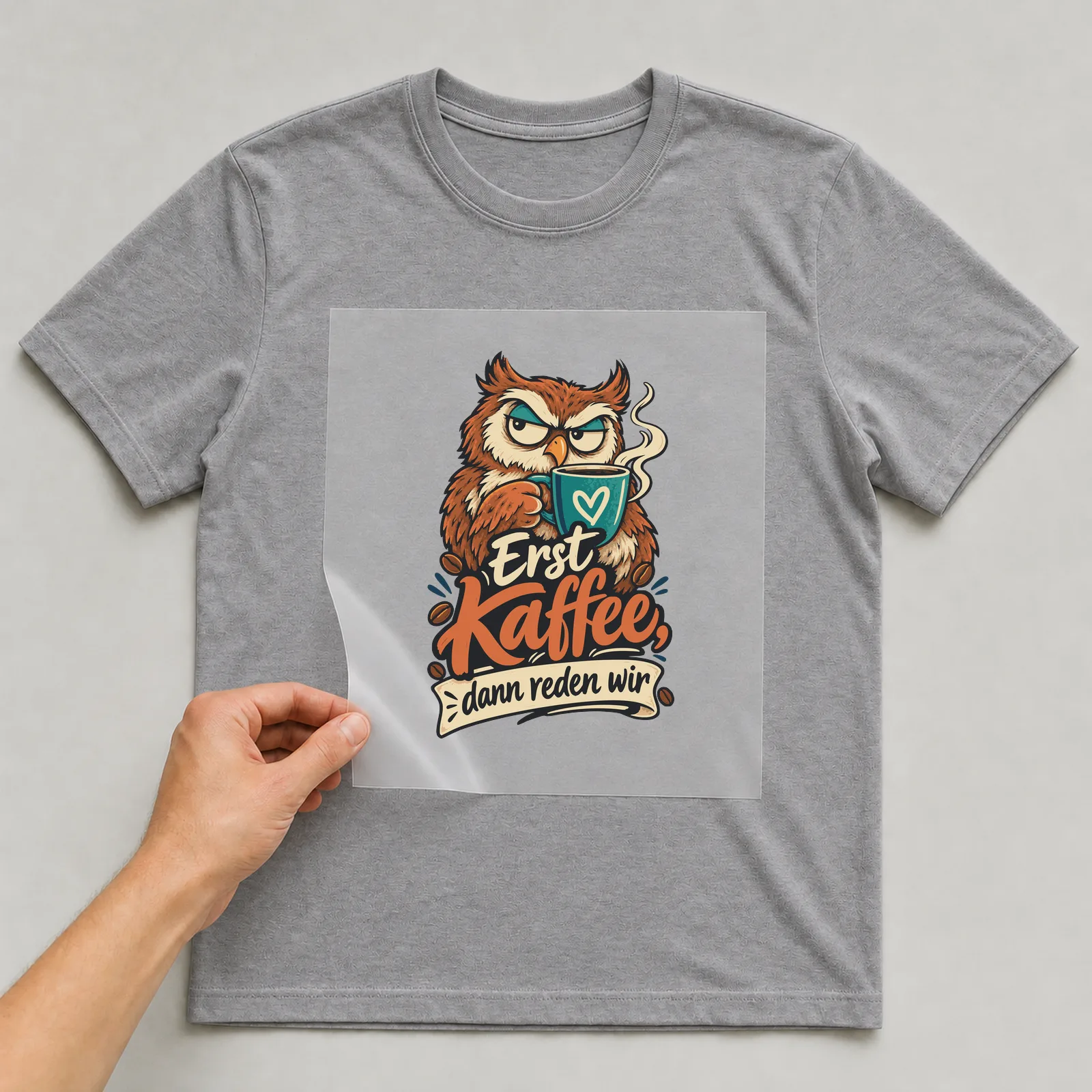 Bügelbild Erst Kaffee, dann reden wir auf grauem T-Shirt, Folie wird aufgelegt
