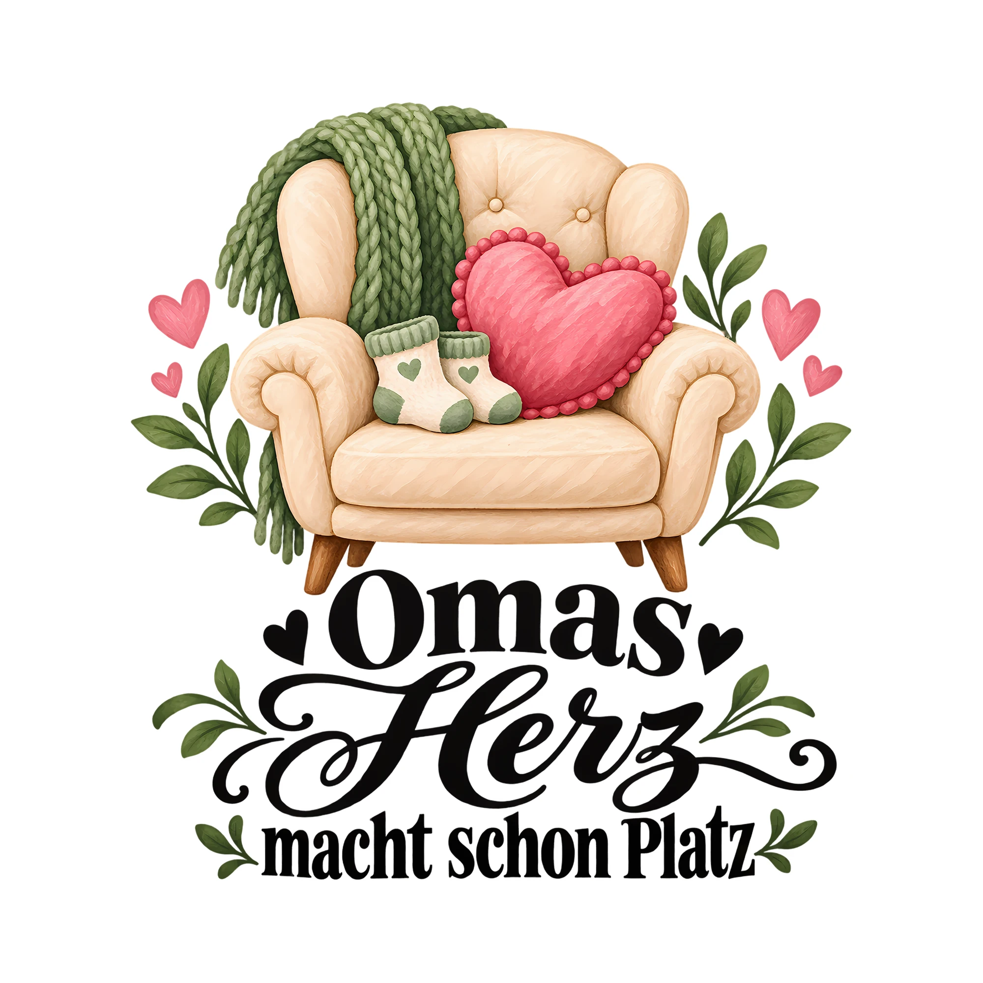 Bügelbild Omas Herz macht schon Platz als Grafik auf weißem Hintergrund (BB011799)