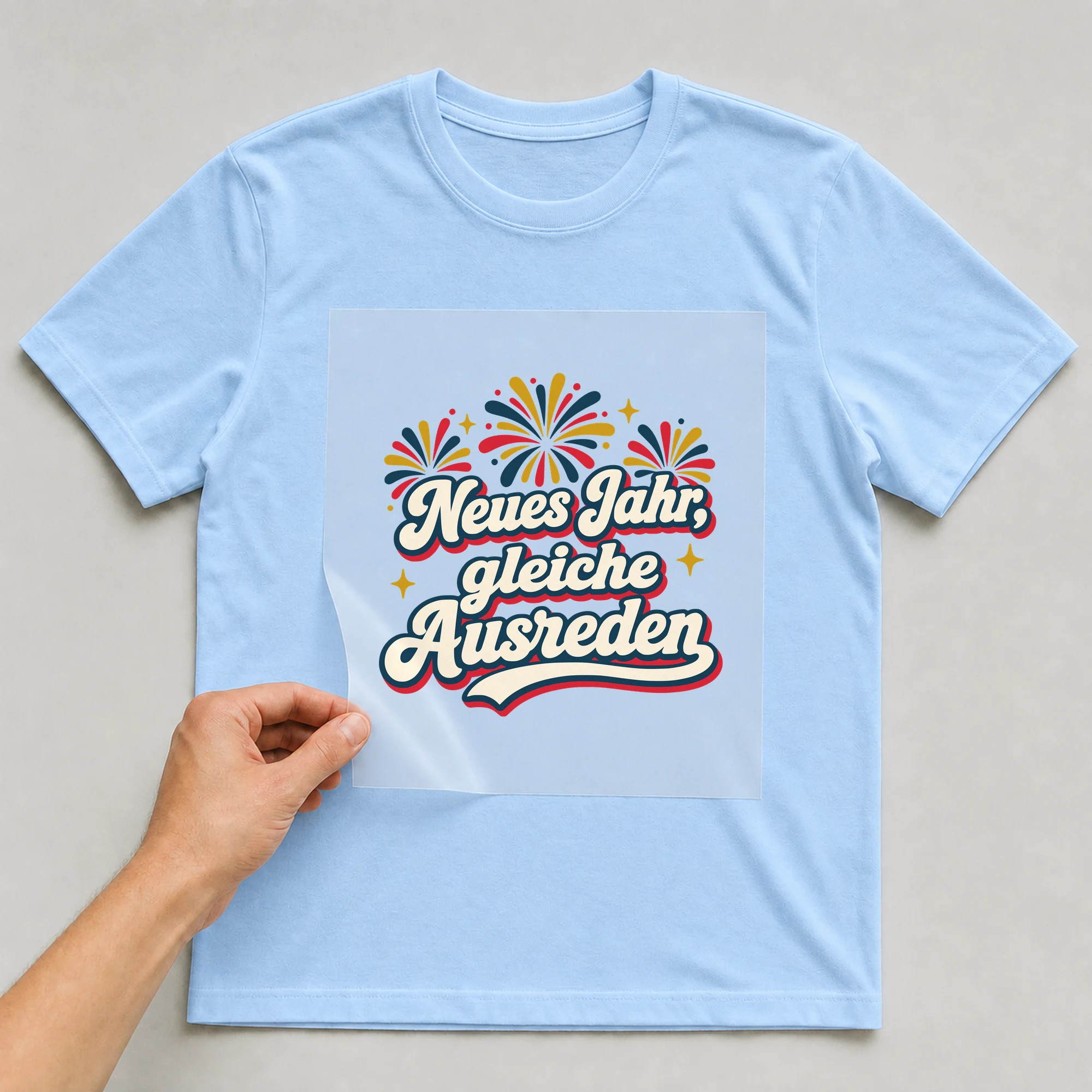 Bügelbild Neues Jahr, gleiche Ausreden auf hellblauem T-Shirt, Folie wird aufgelegt