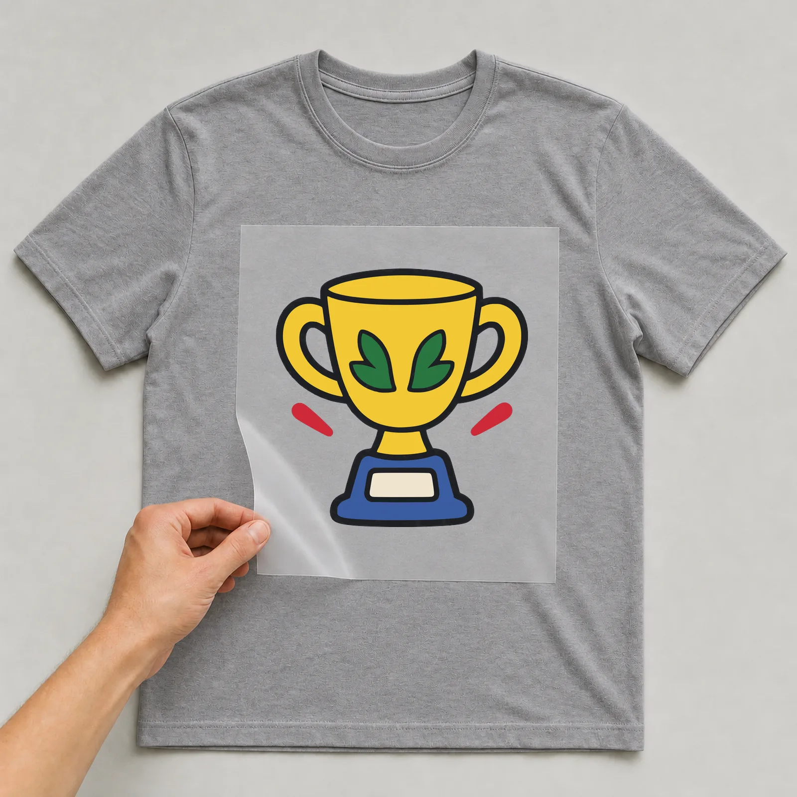 Bügelbild Pokal im Comic-Stil auf grauem T-Shirt, Folie wird aufgelegt