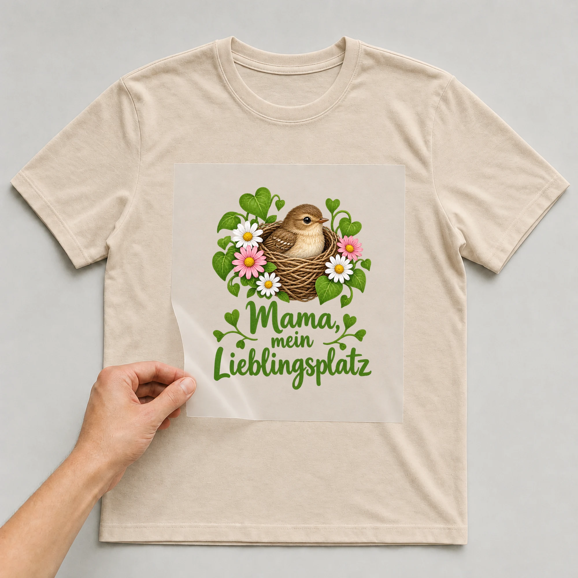 Bügelbild „Mama, mein Lieblingsplatz“ auf beigem T-Shirt, Folie wird aufgelegt