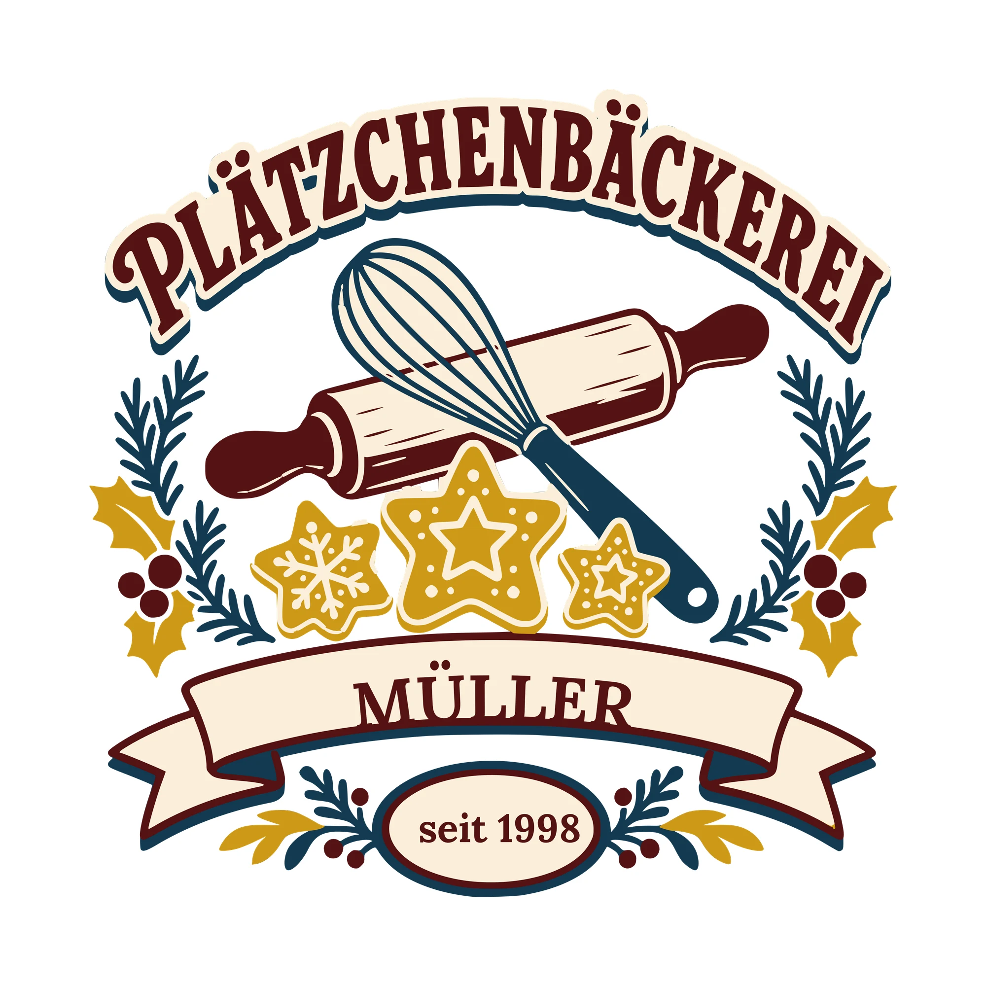 Bügelbild Plätzchenbäckerei mit Nachname und Jahr als Grafik auf weißem Hintergrund (BB010360)