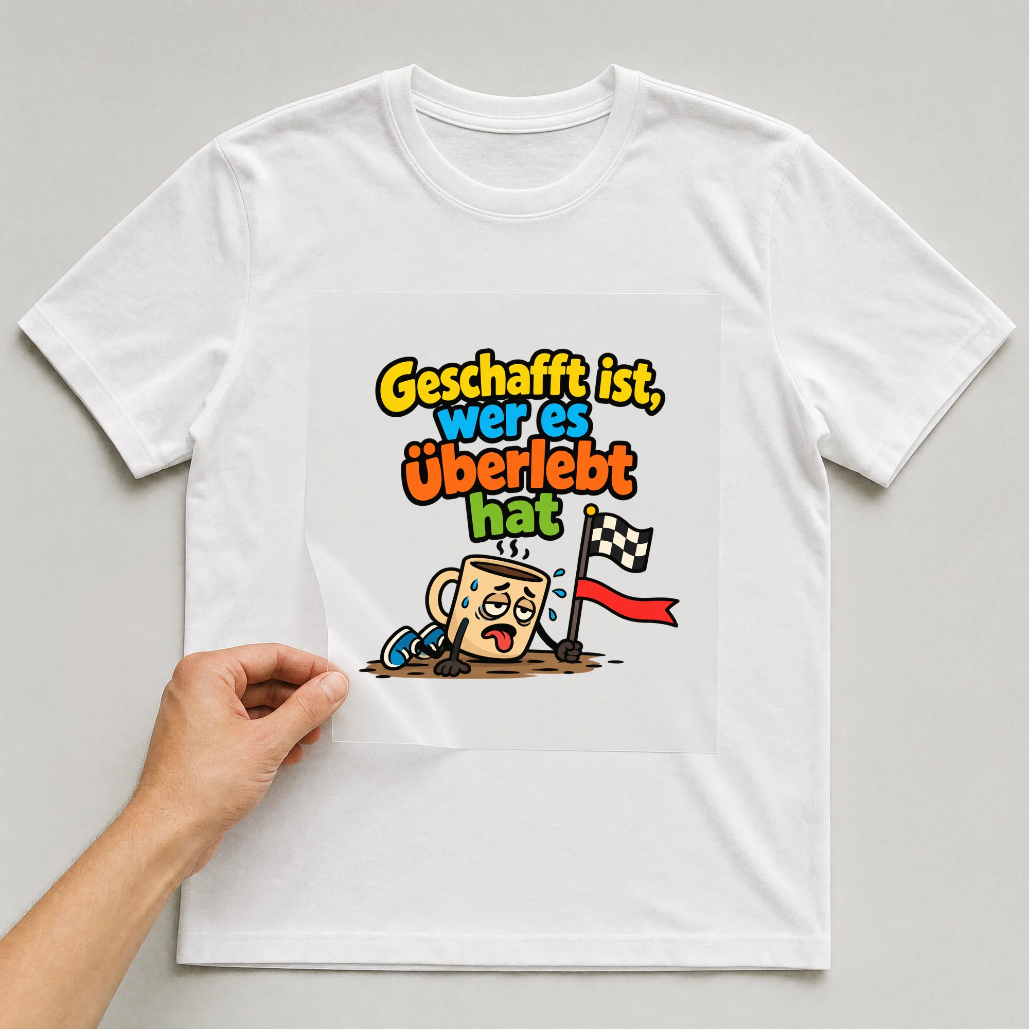 Bügelbild „Geschafft ist, wer es überlebt hat“ auf weißem T-Shirt, Folie wird aufgelegt