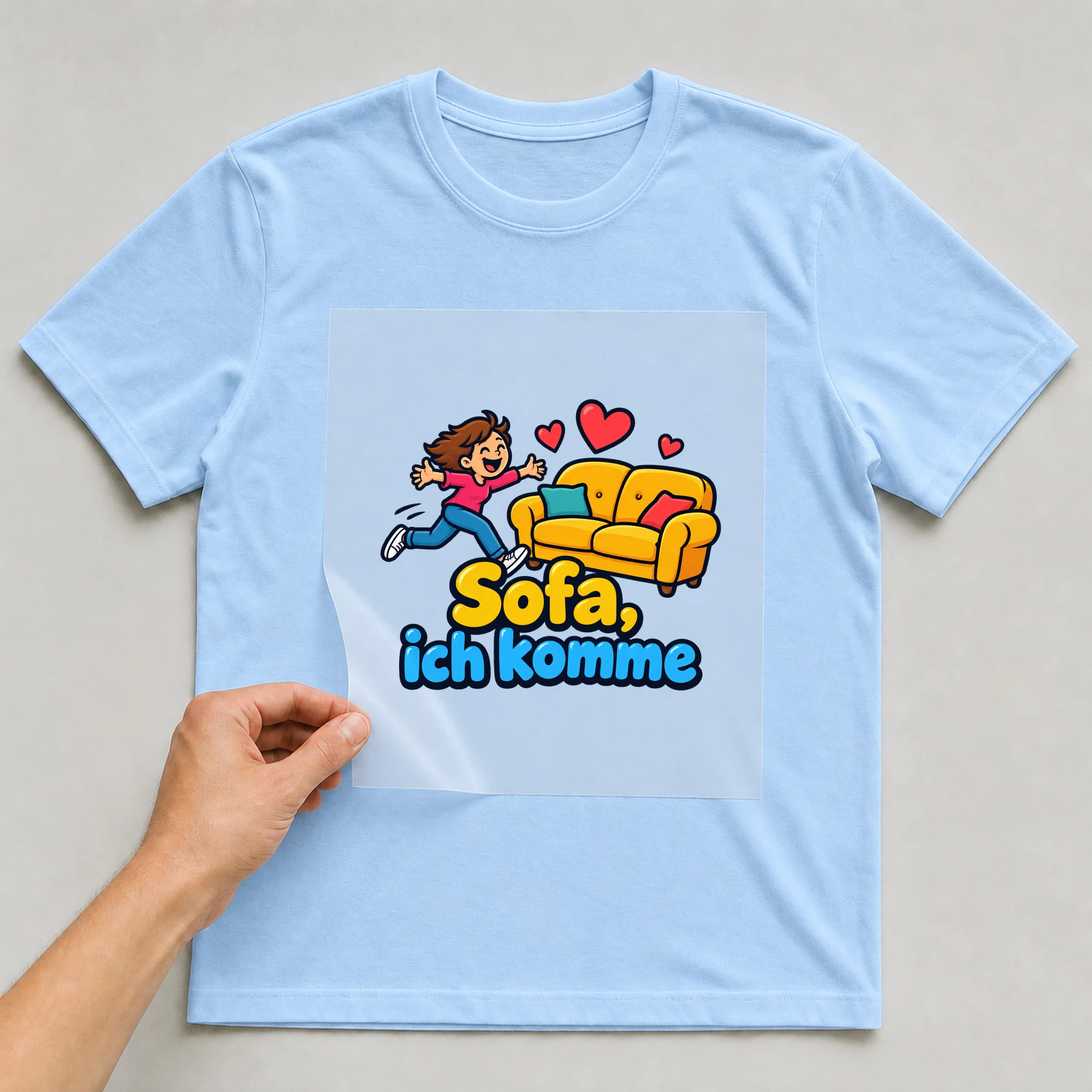 Bügelbild „Sofa, ich komme“ auf babyblauem T-Shirt, Folie wird aufgelegt