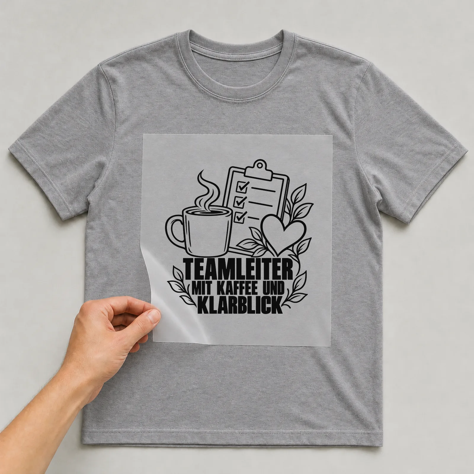 Bügelbild „Teamleiter mit Kaffee und Klarblick“ auf grauem T-Shirt, Folie wird aufgelegt