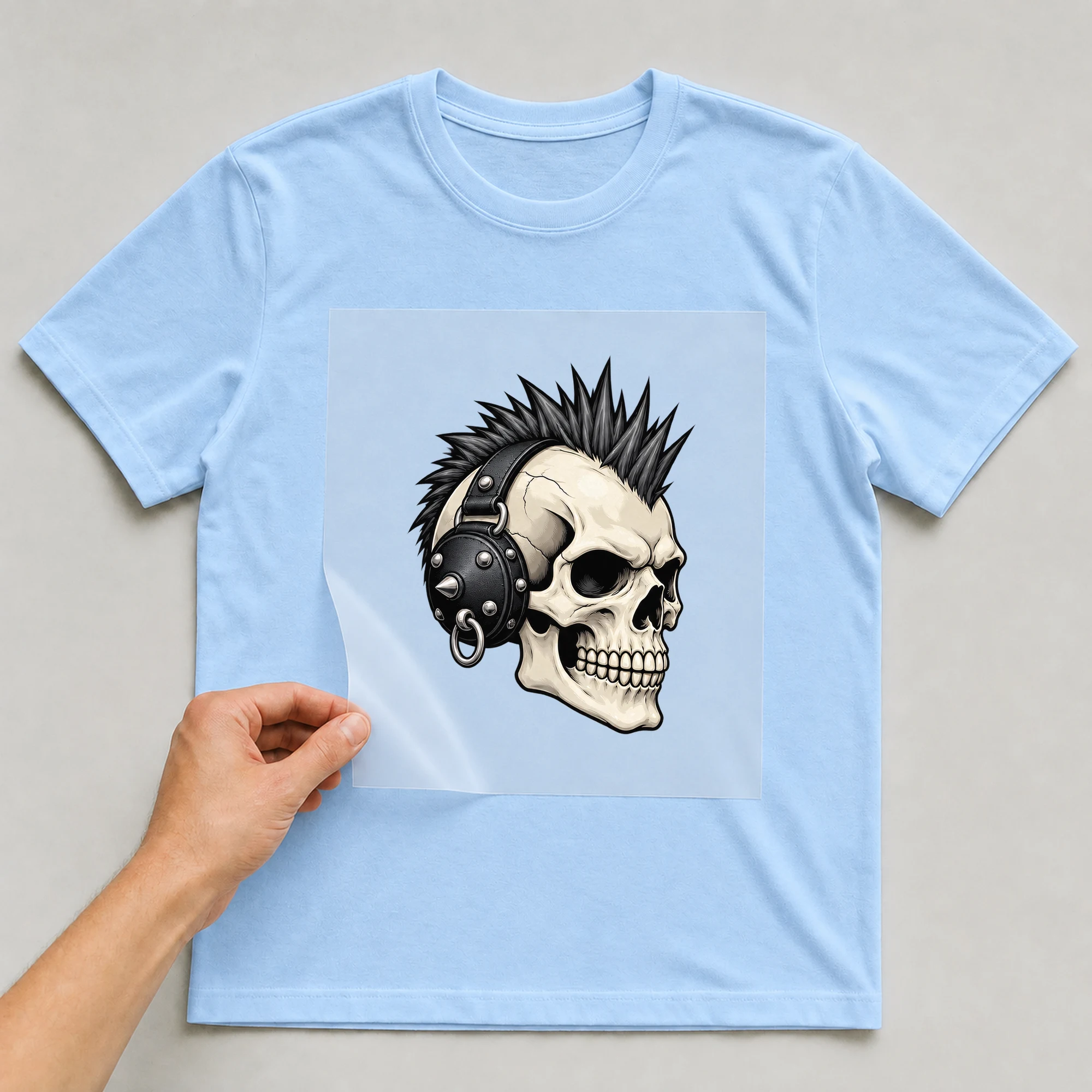 Bügelbild „Punk-Totenkopf mit Irokese“ auf babyblauem T-Shirt, Folie wird aufgelegt