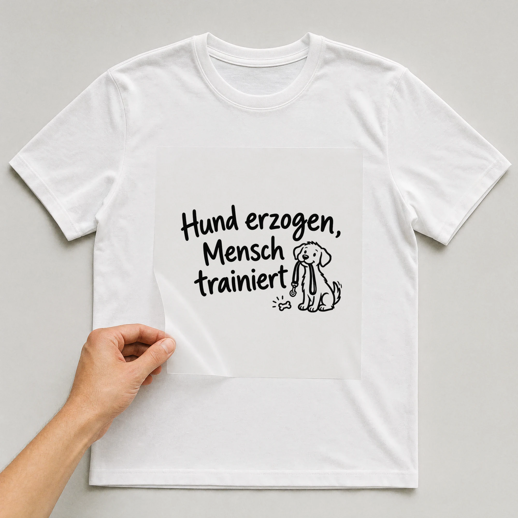 Bügelbild „Hund erzogen, Mensch trainiert“ auf weißem T-Shirt, Folie wird aufgelegt